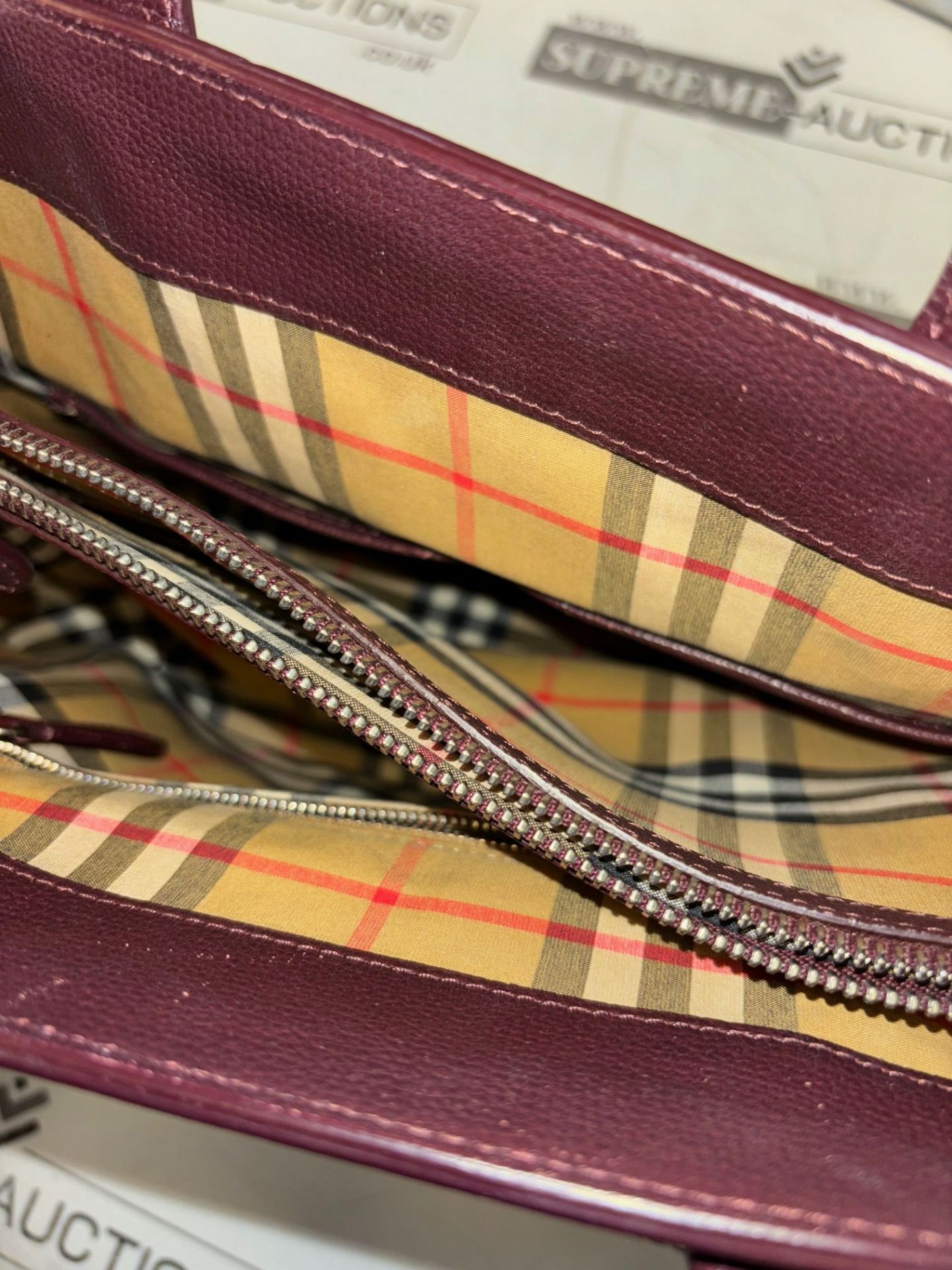 Genuine Burberry Derby Calfskin House Check Banner Tote Mahogany Red - Image 8 of 8