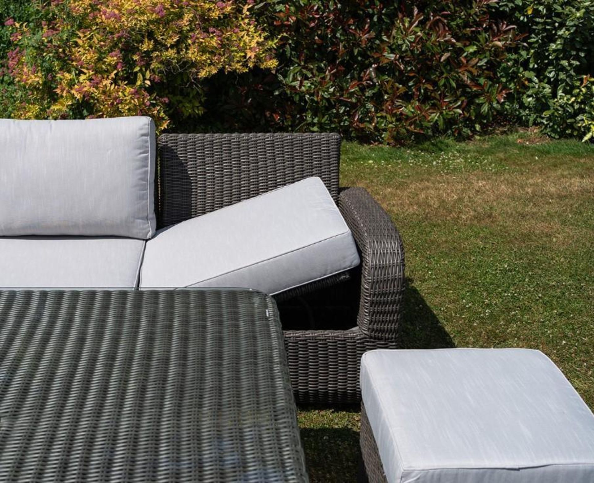 Brand New Moda Furniture, 10 Seater Outdoor Rise and Fall Table Dining Set in Natural with Cream - Image 12 of 12