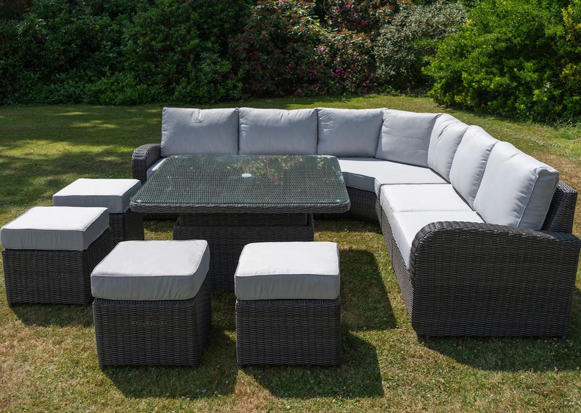 Brand New Moda Furniture, 10 Seater Outdoor Rise and Fall Table Dining Set in Natural with Cream - Image 3 of 8