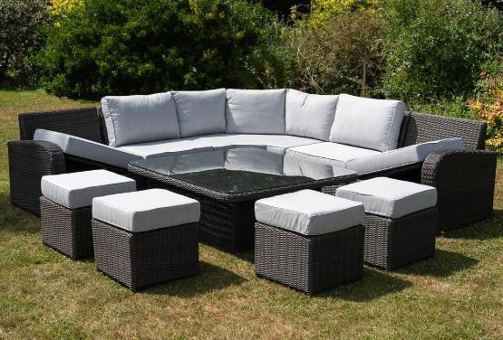 Brand New Moda Furniture, 10 Seater Outdoor Rise and Fall Table Dining Set in Natural with Cream - Image 7 of 12