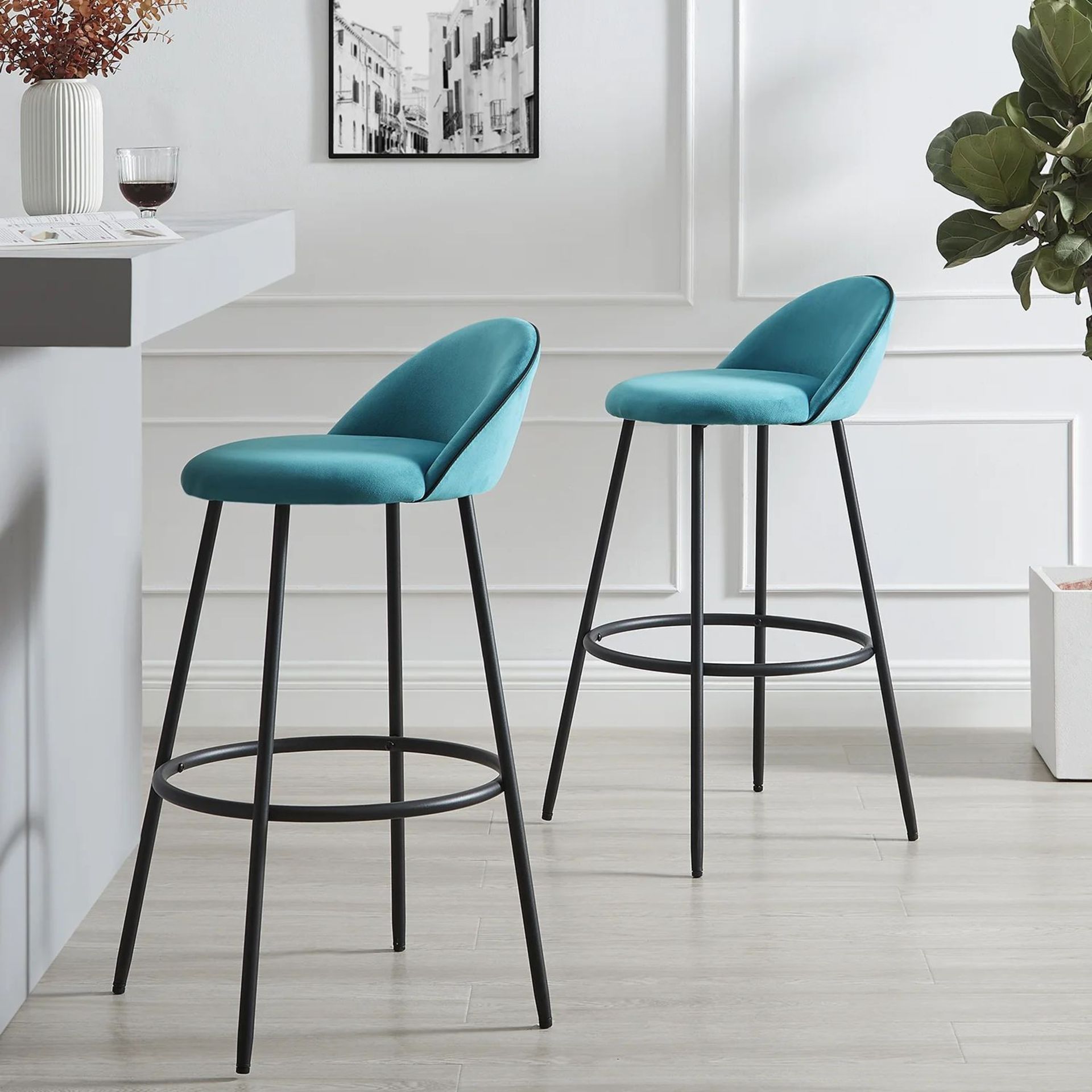 Barton Set of 2 Blue Velvet Upholstered Bar Stools with Contrast Piping. - R14. RRP £199.99. Our - Image 2 of 2
