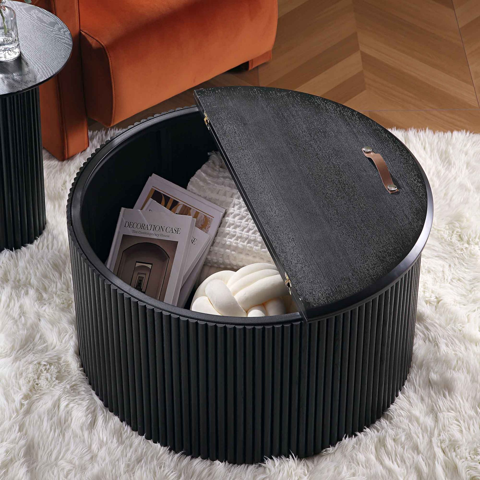 Maru Oak Round Coffee Table with Storage, Black. - R14. RRP £319.99. Featuring fluted base made from - Bild 2 aus 2