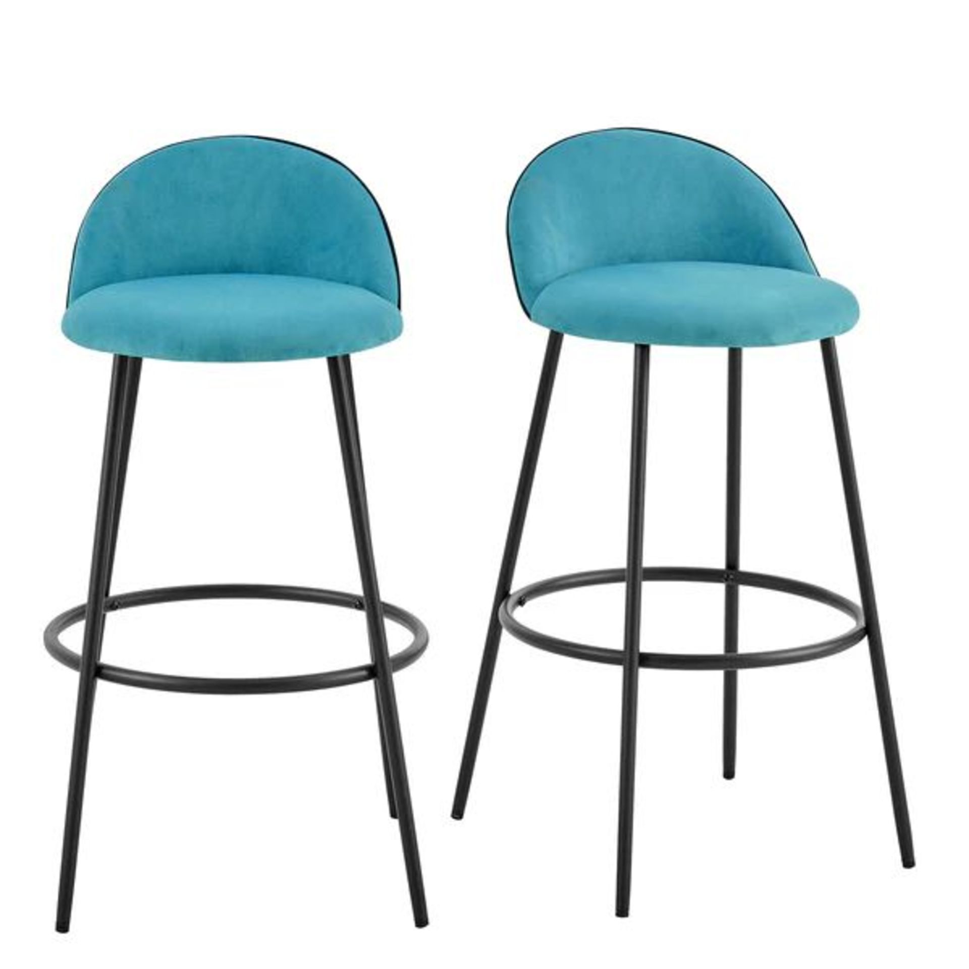 Barton Set of 2 Blue Velvet Upholstered Bar Stools with Contrast Piping. - R14. RRP £199.99. Our