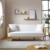 Pienza Cane Sofa Bed, Beige Woven Fabric with Natural Frame. - R14. RRP £649.99. Upholstered in soft