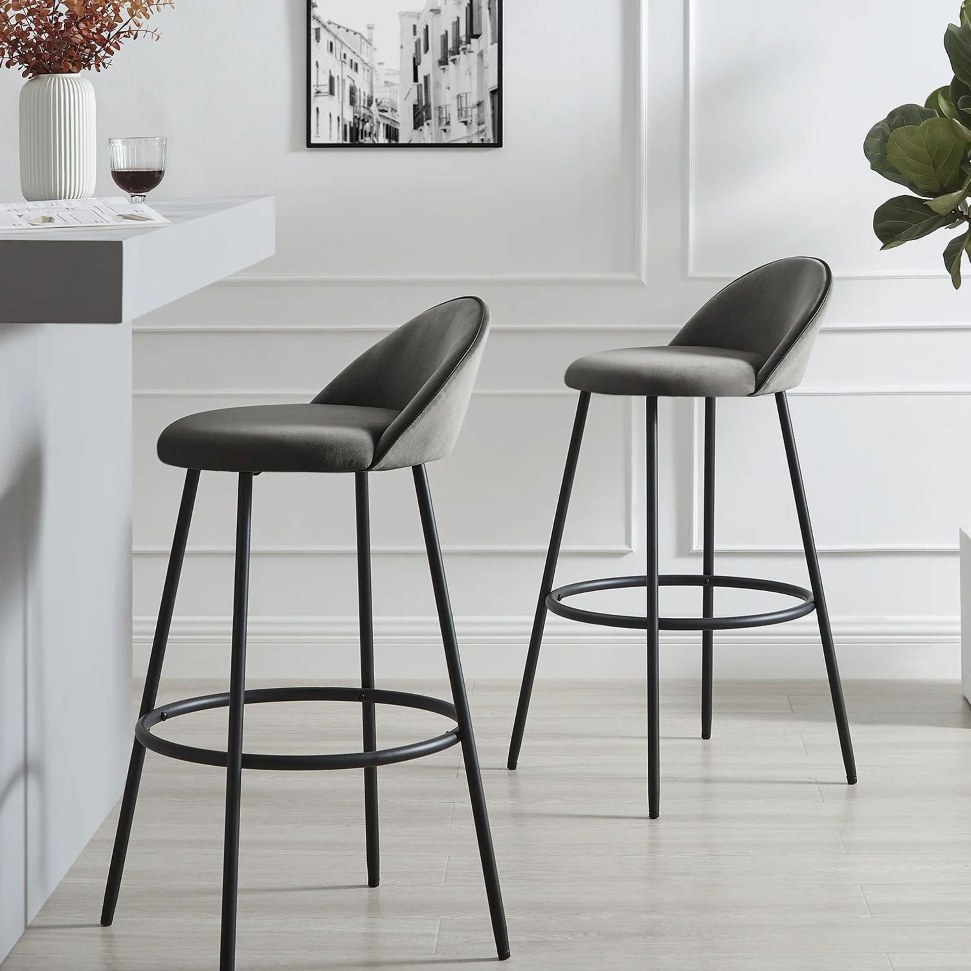 Barton Set of 2 Grey Velvet Upholstered Bar Stools with Contrast Piping. - R14. RRP £199.99. Our