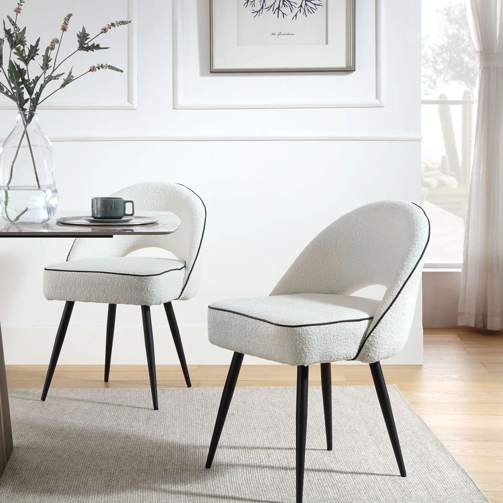 Oakley Set of 2 White Boucle Upholstered Dining Chairs with Piping. - R14. RRP £269.99. Our