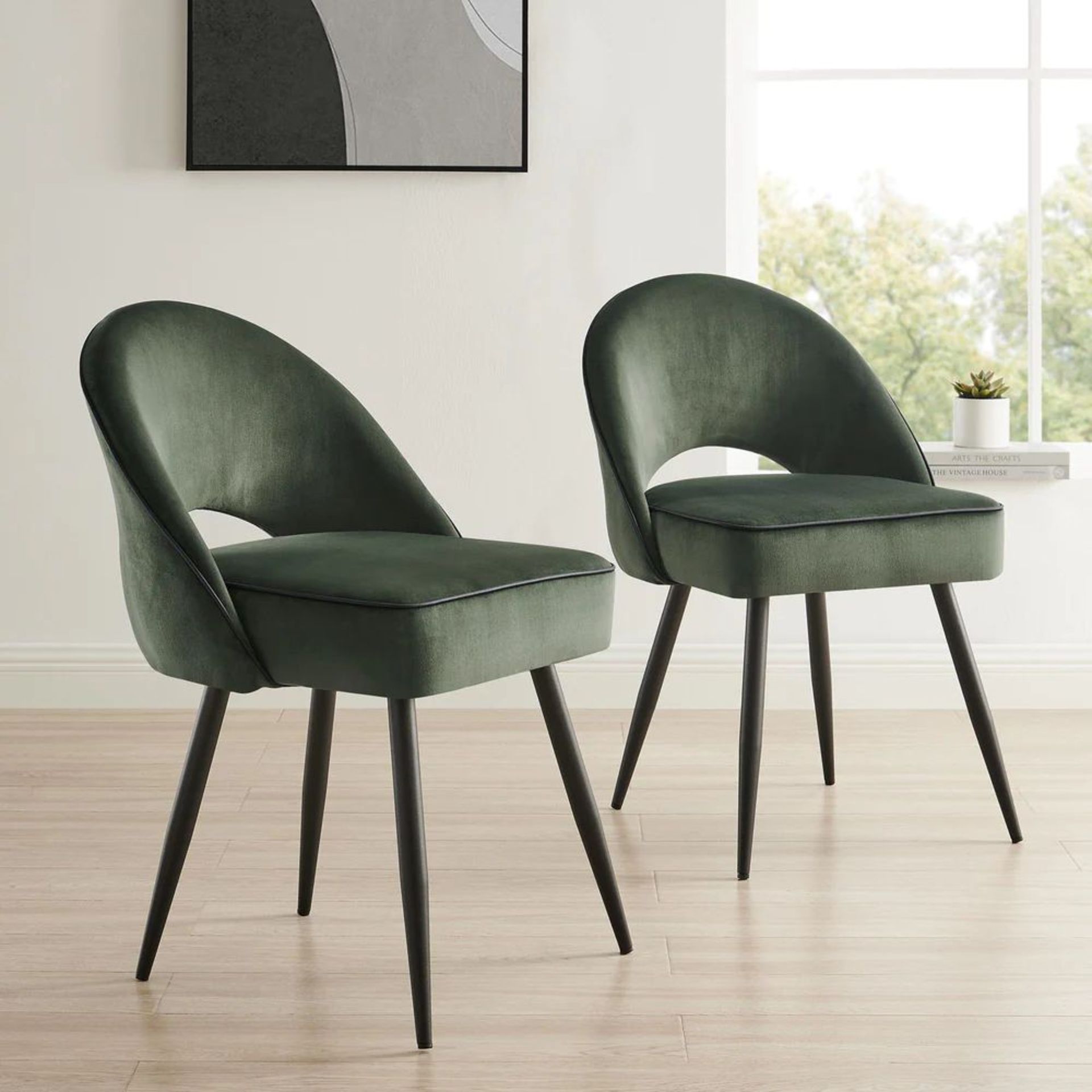 Oakley Set of 2 Dark Green Velvet Upholstered Dining Chairs with Contrast Piping. - R14. RRP £259.