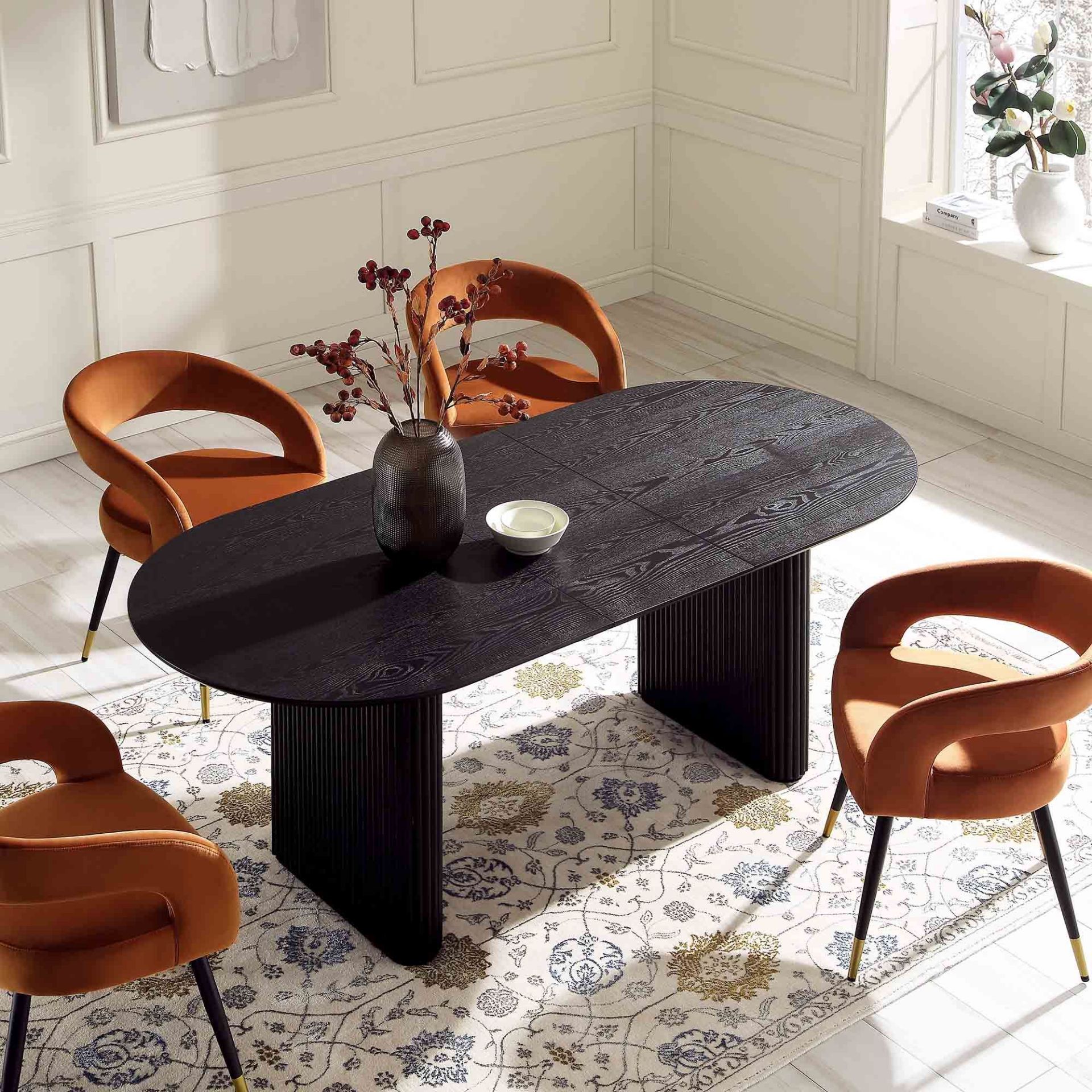 Maru Oval 6-8 Seater Extending Oak Pedestal Dining Table, Black. - R14. RRP £649.99. Our Maru dining