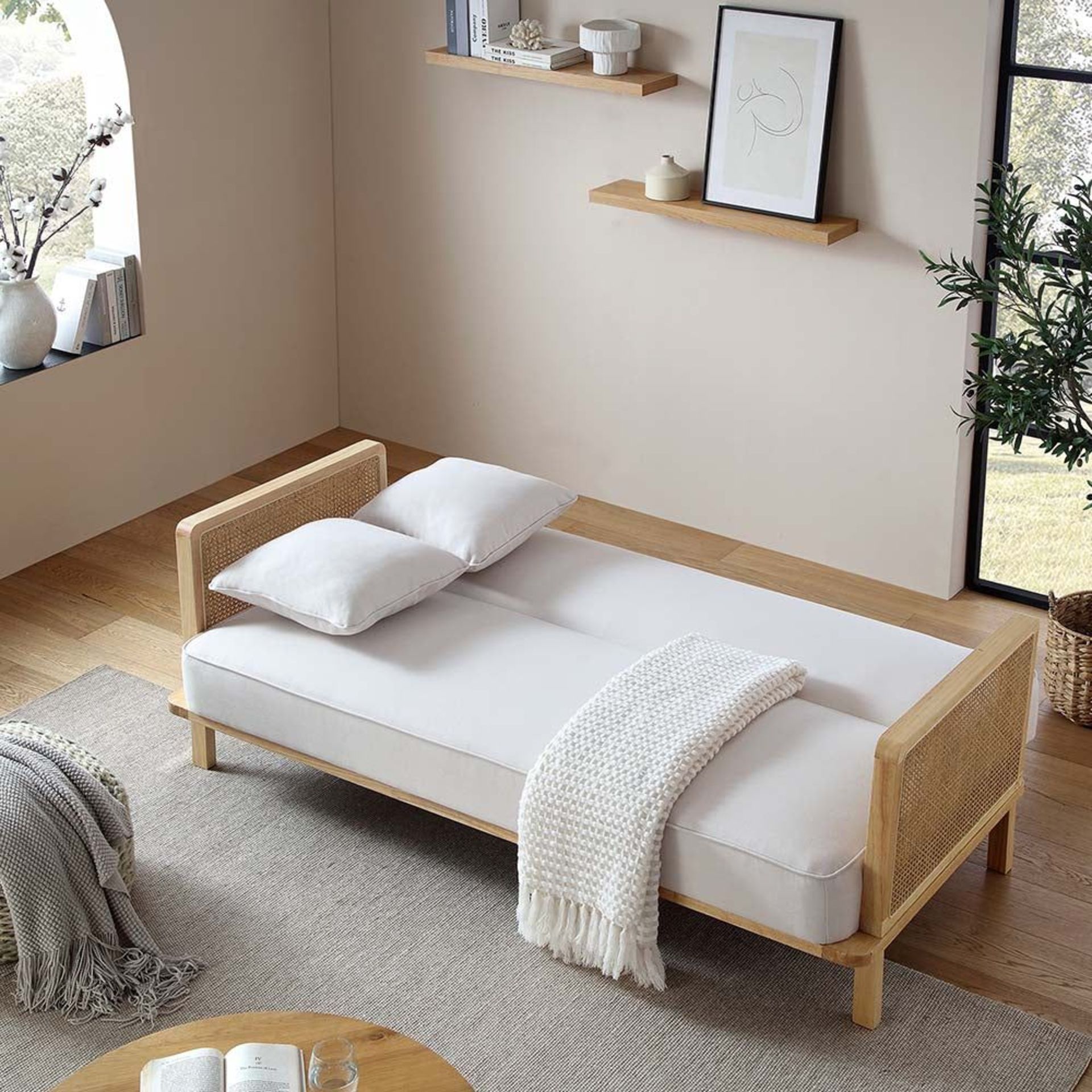 Pienza Cane Sofa Bed, Beige Woven Fabric with Natural Frame. - R14. RRP £649.99. Upholstered in soft - Bild 2 aus 2