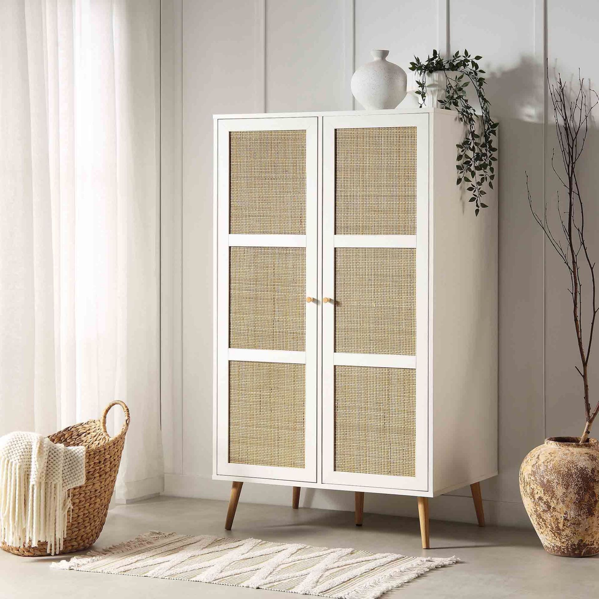 Frances Woven Rattan Compact Double Wardrobe, White. - R14. RRP £399.99. Crafted from wood and