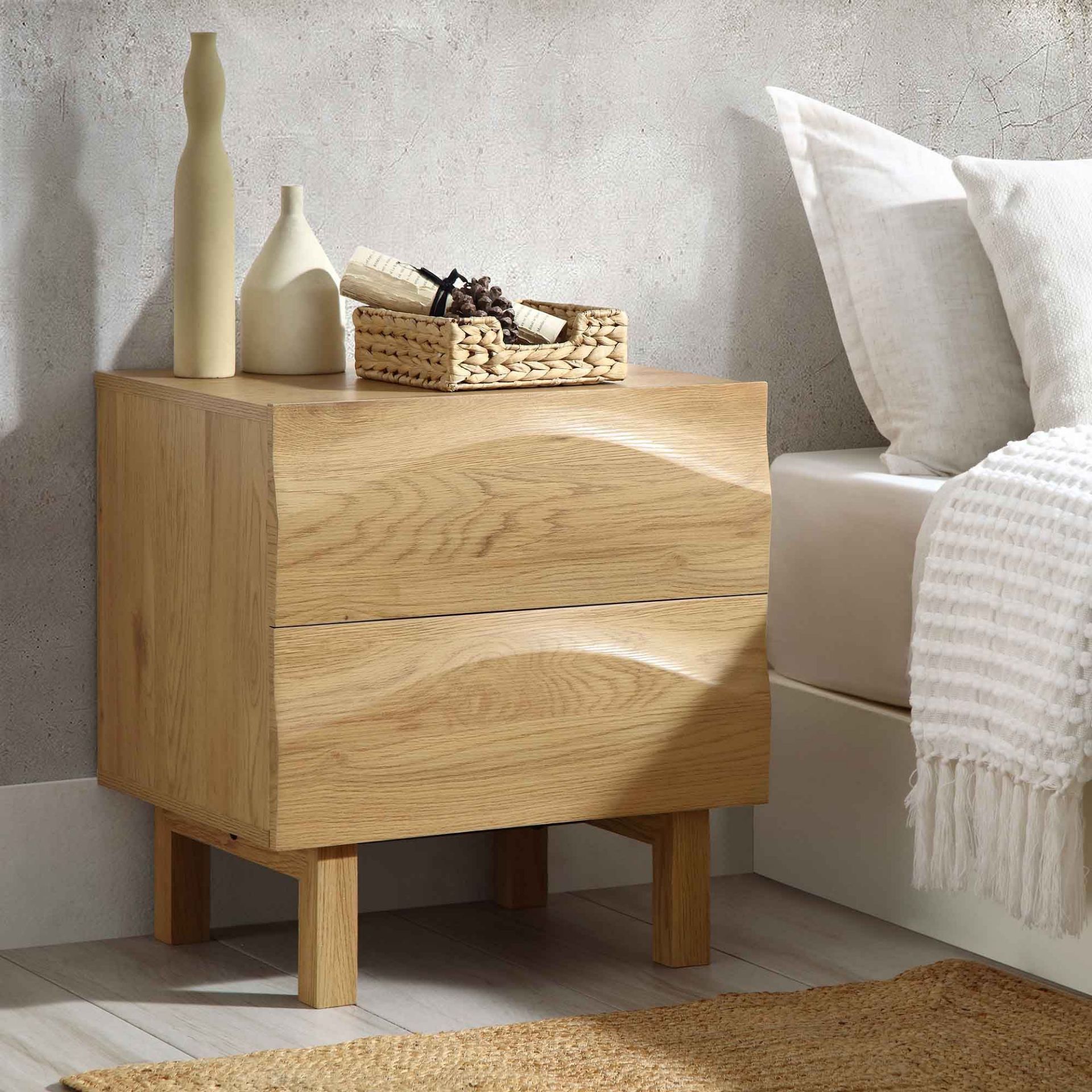 Moriko 2 Drawer Bedside Table. - R14. RRP £199.99. The unique sculptural facade features flowing