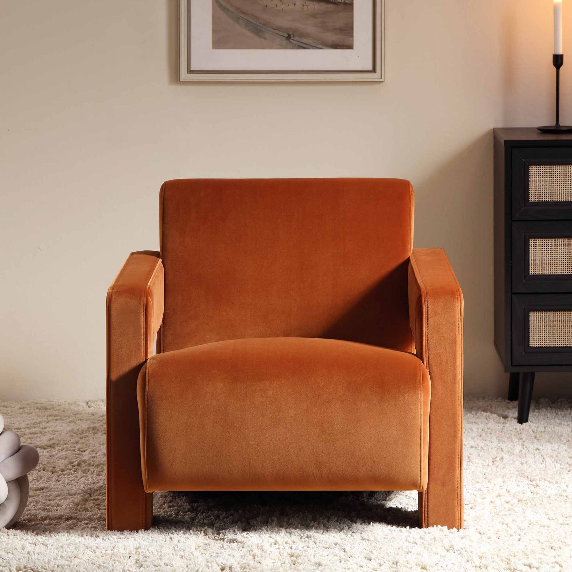 Brompton Sculptural Armchair, Rust Velvet. - R14. RRP £319.99. The deep, slightly sloped seat and