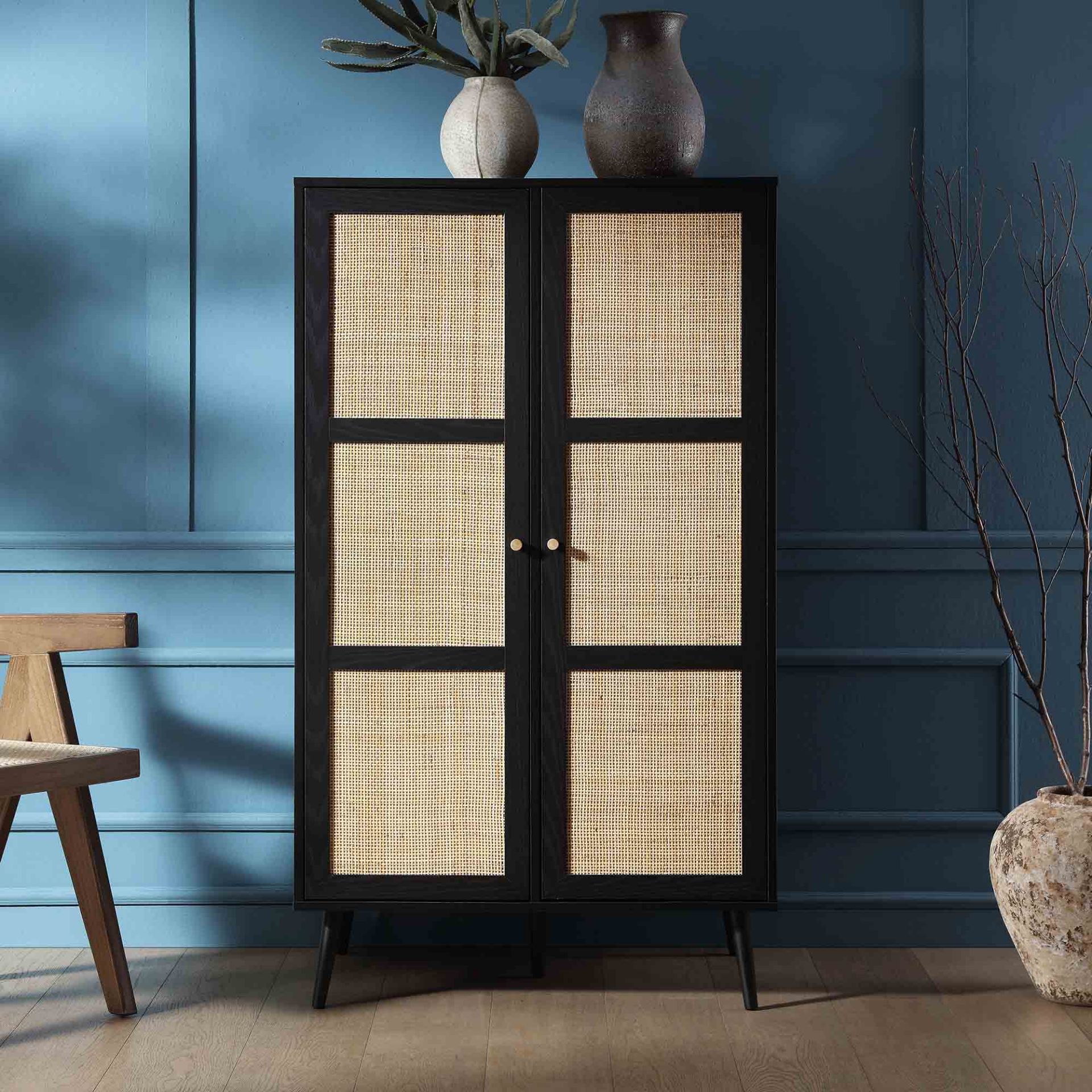 Frances Woven Rattan Compact Double Wardrobe, Black. -R14. RRP £379.99. Crafted from wood and