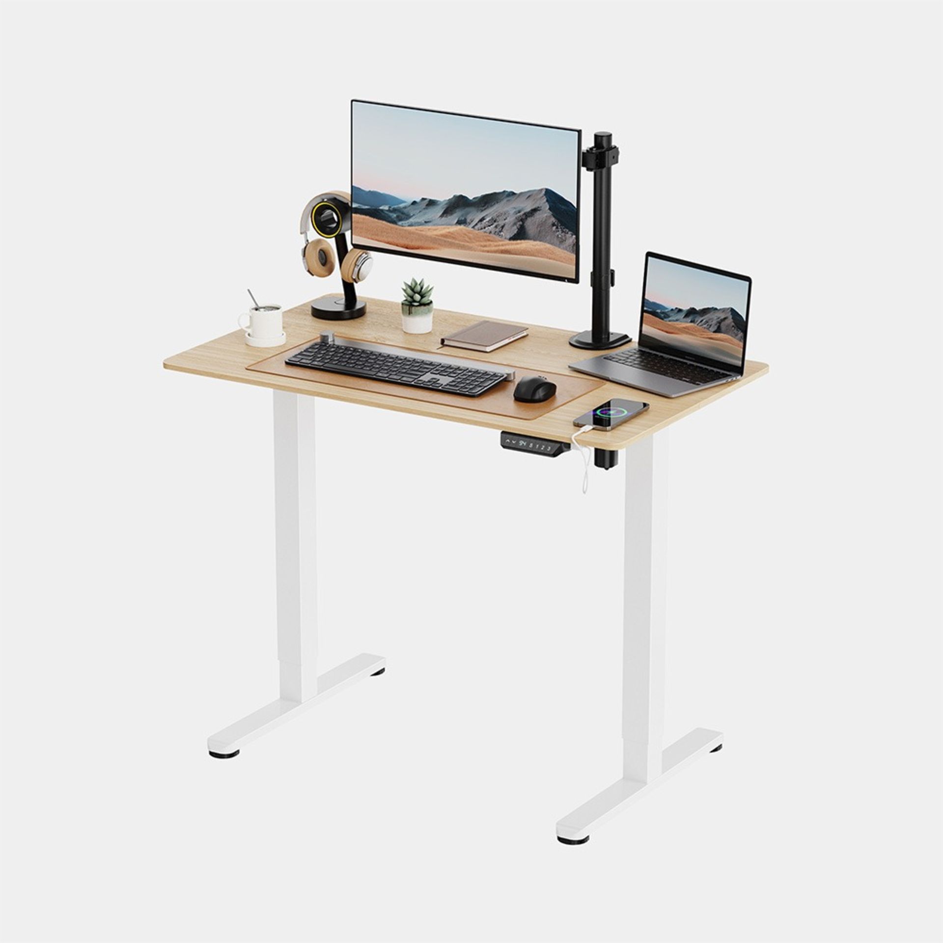 White Standing Desk with Maple Desktop 100x60cm - ER28