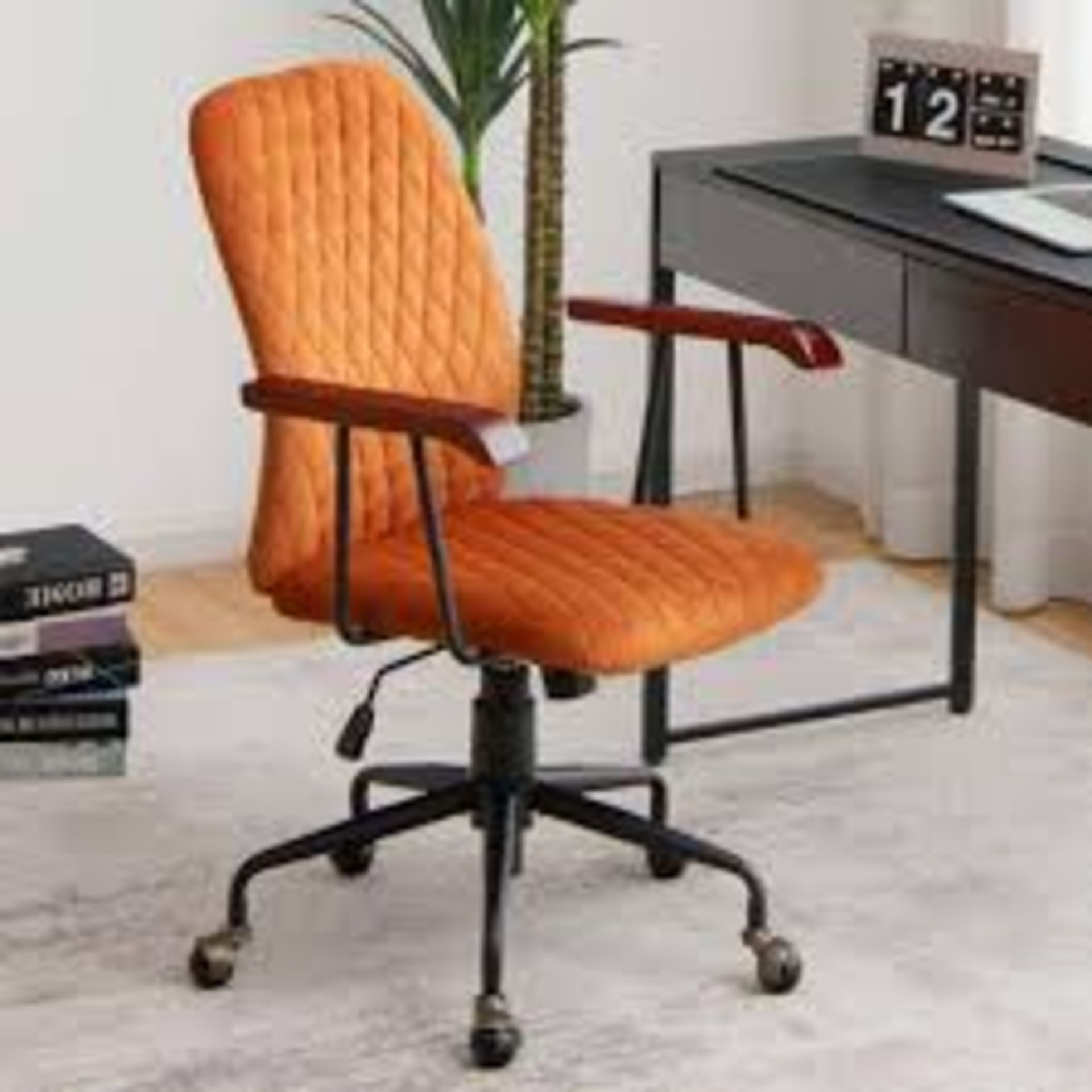 Velvet Home Office Chair With Wooden Armrest Orange. - R13a.3.