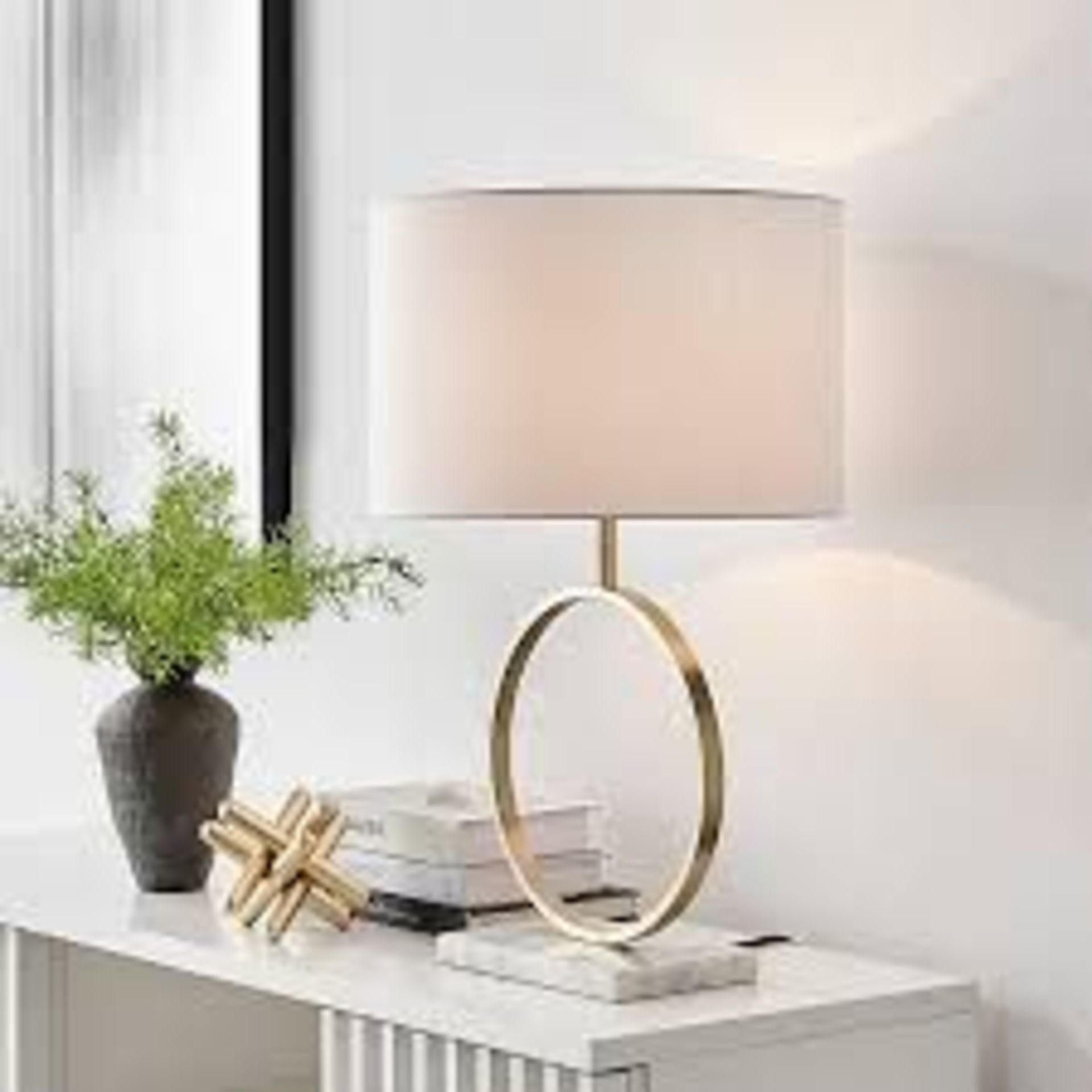 SAFFRON Gold Chrome Halo Table Lamp with White Marble Base. -R14.17.
