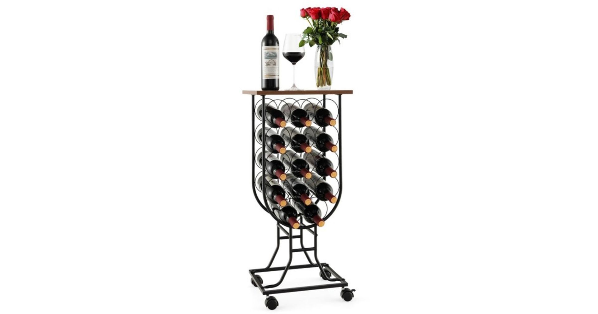 14 Bottles Mobile Wine Rack Industrial Cellar Display Storage Bar Cart Wood Tabletop - ER54