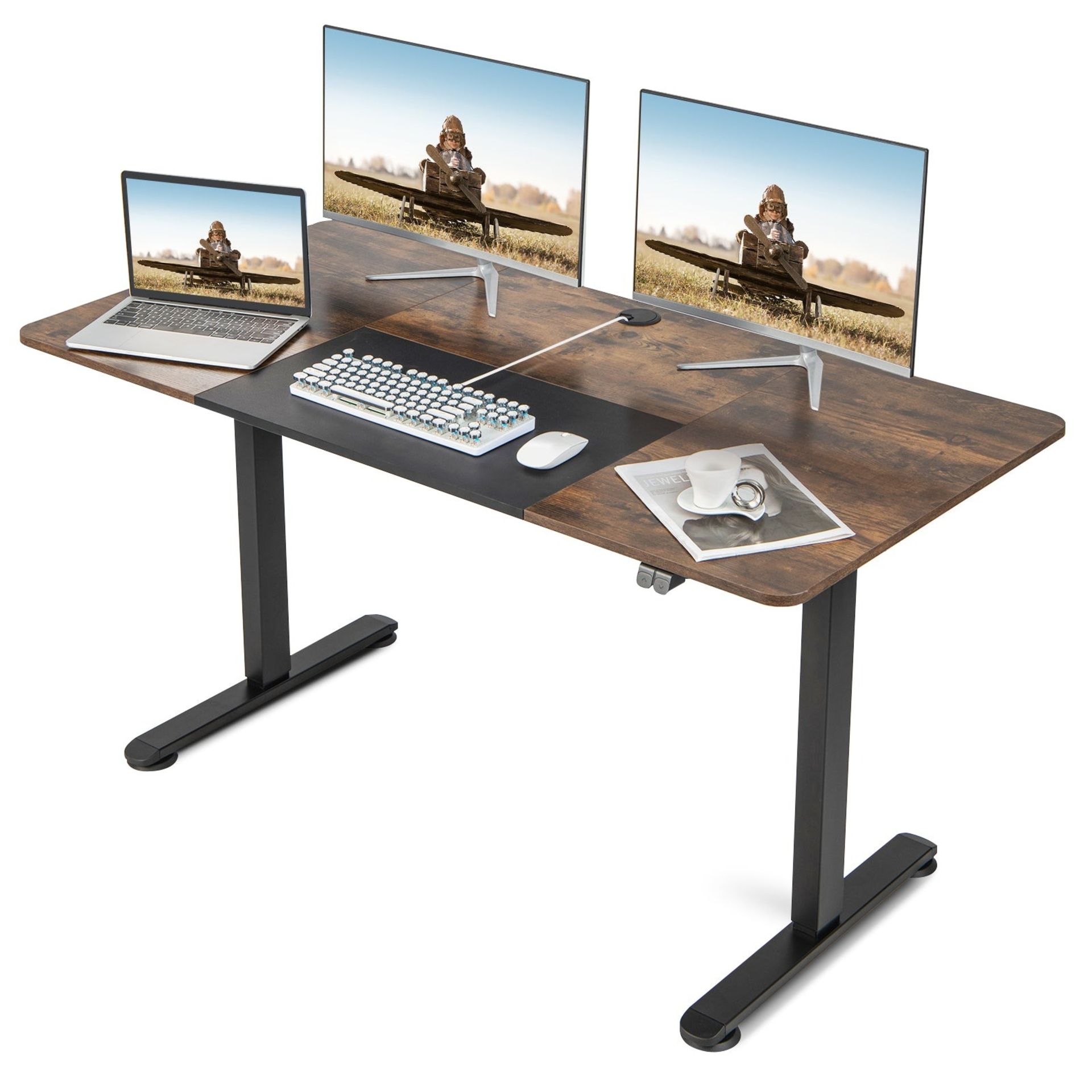 Height Adjustable Home Office Computer Desk with Headphone Hook-Brown - ER53