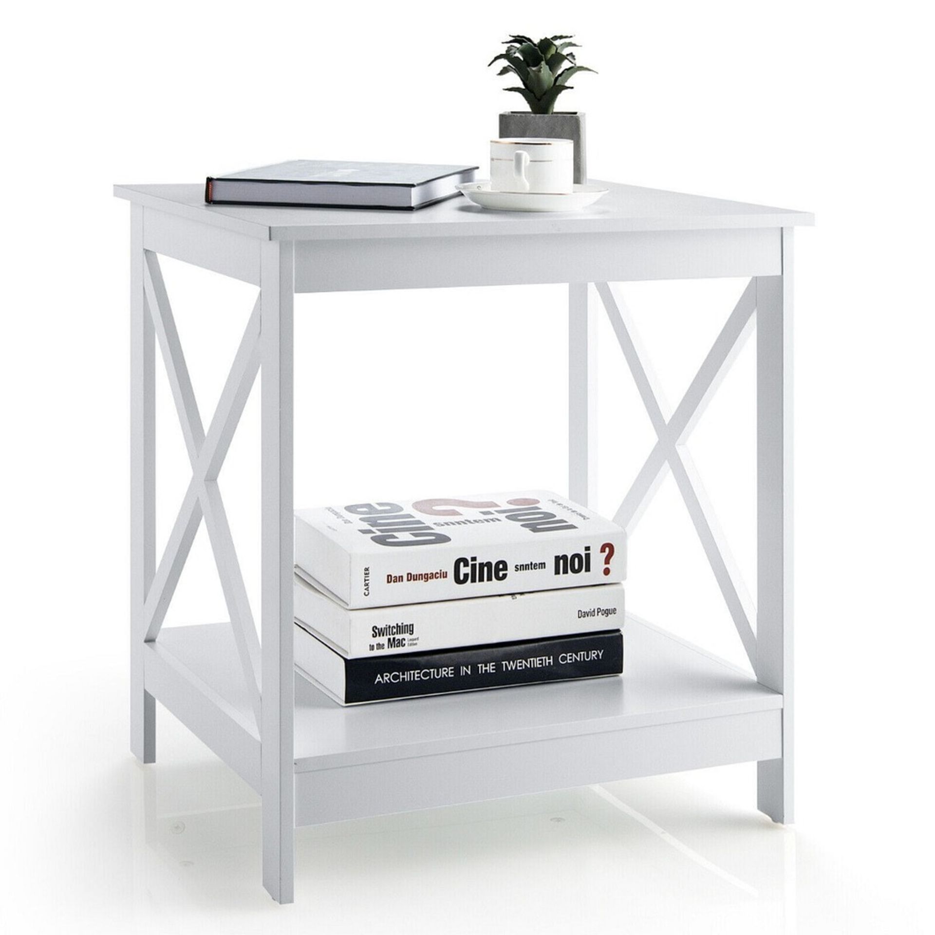2-Tier Modern Wooden X-Shaped Bedside Table for Living Room Bedroom Office-White - ER53