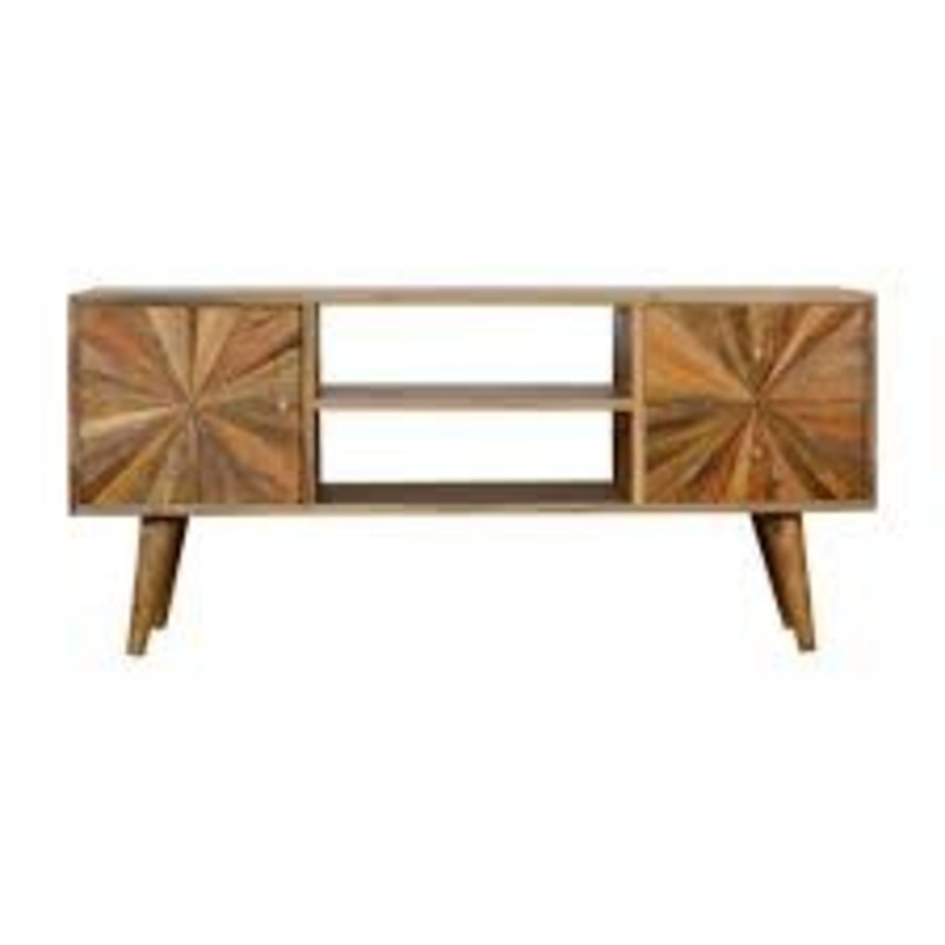 Retro Solid Wood TV Cabinet with Oak Finish and Sunburst Pattern - ER54