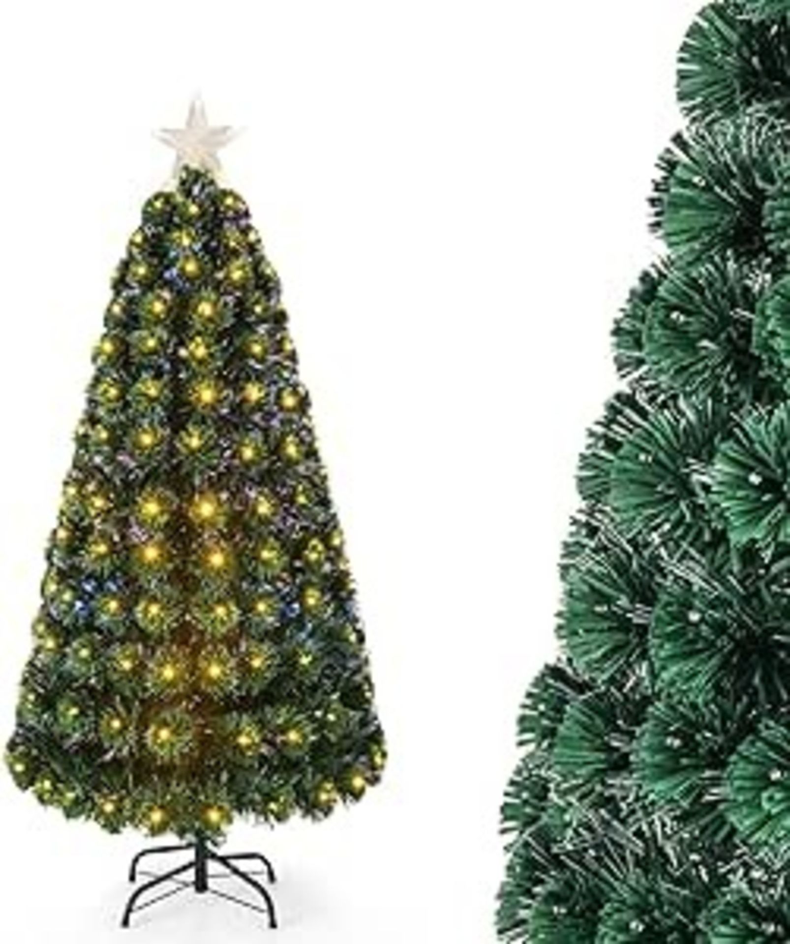 5FT/6FT Christmas Tree with 8 Mode LED Lights, Fiber Optic Pre-Lit Xmas Tree with Metal Stand and