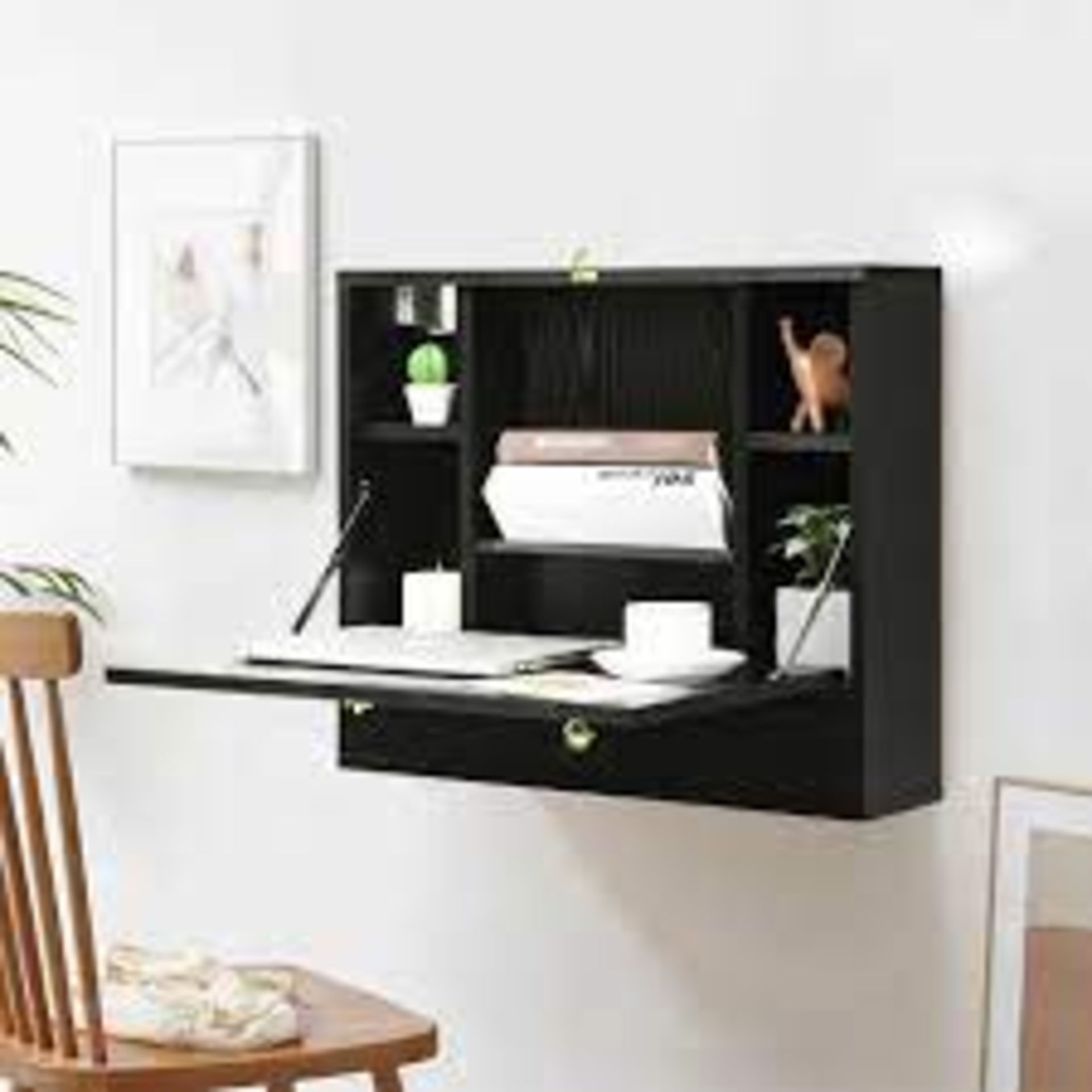 Wall Mounted Wooden Cabinet with Drop Down Desk-Black - ER53