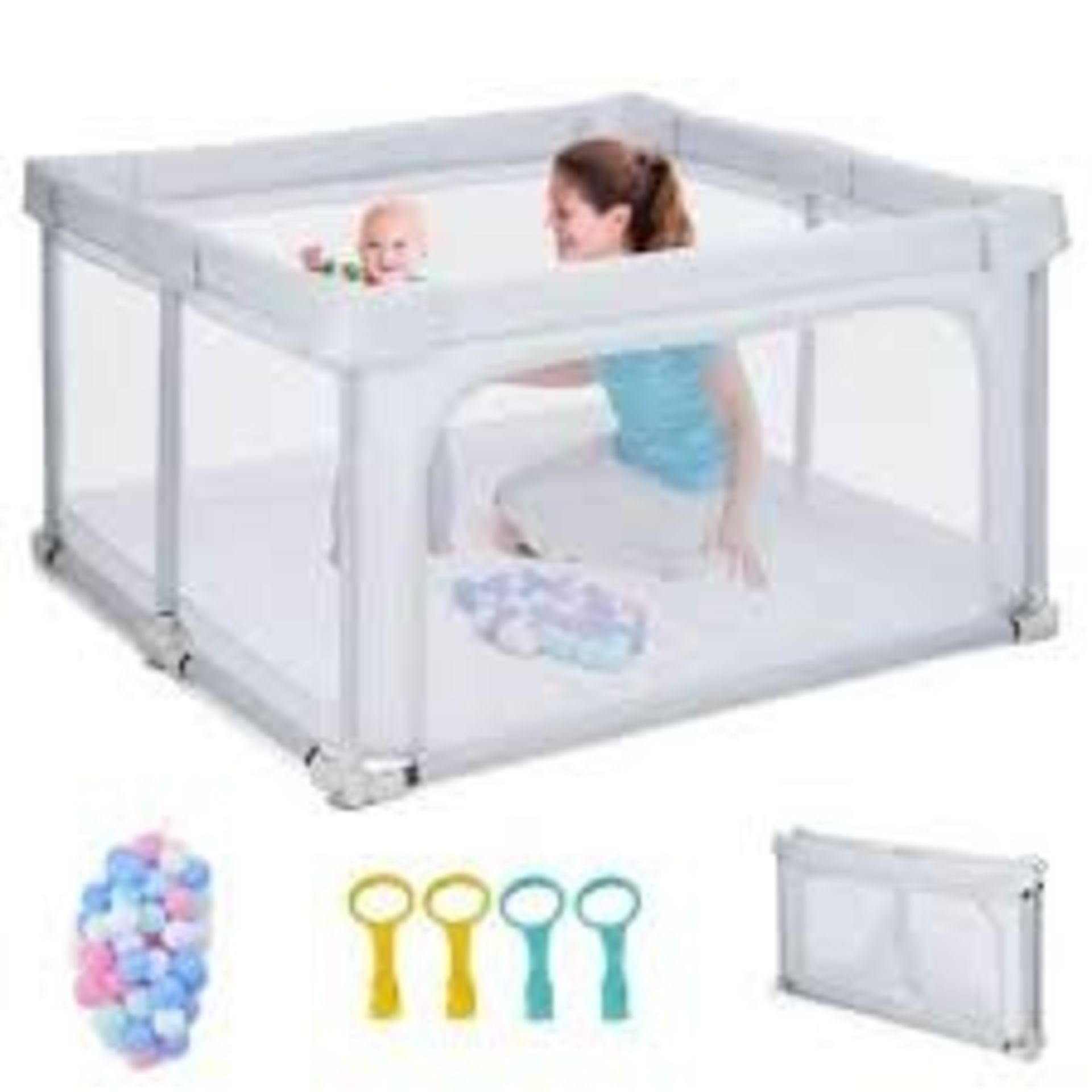 124cm Foldable Baby Playpen Interactive Activity Center with Balls Pull Rings - ER54