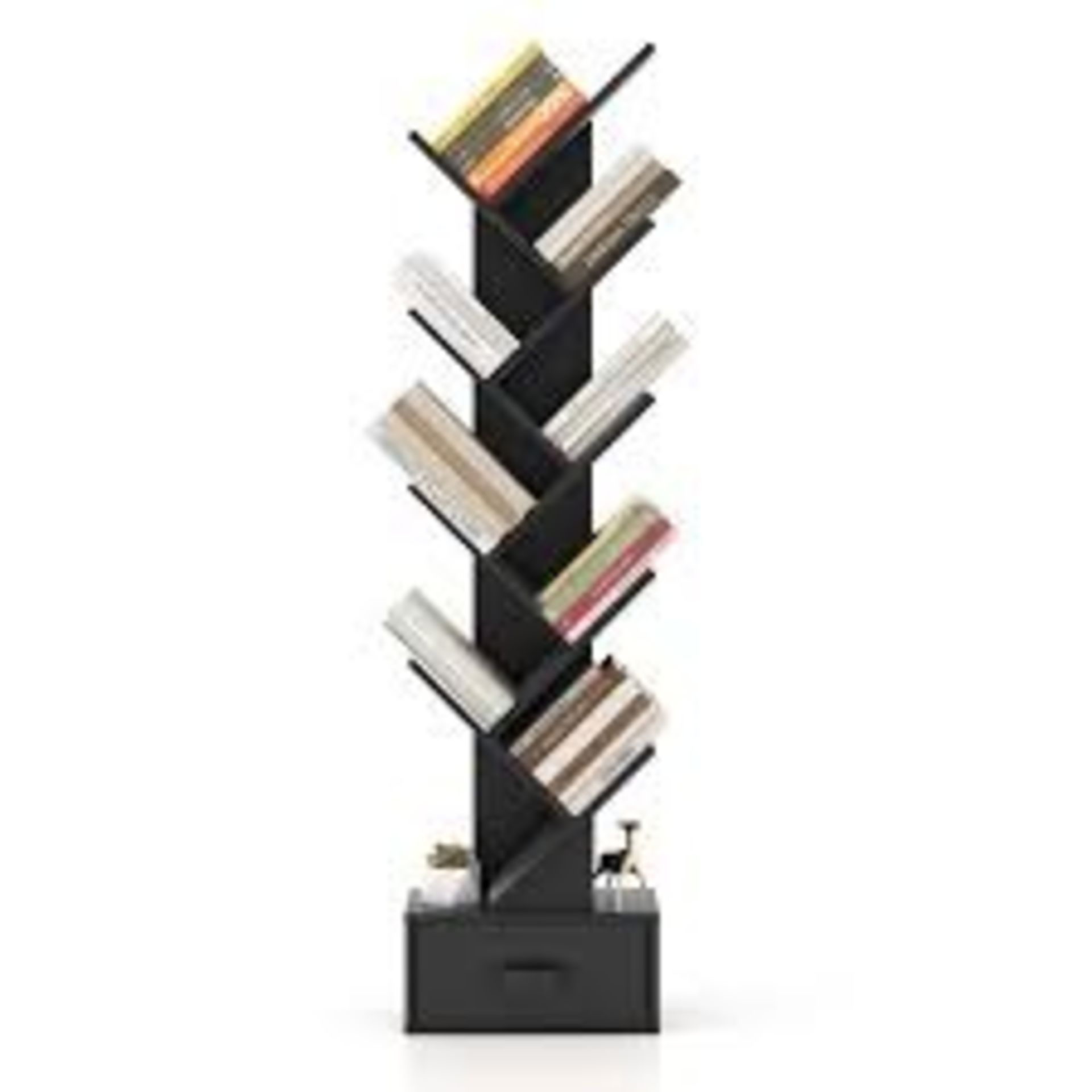 10-Tier Freestanding Tree Bookshelf with Drawer-Black - ER53
