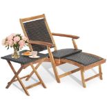 2-Piece Patio Rattan Folding Lounge Chair Table Acacia Wood - ER54