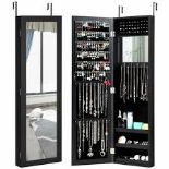 Full Length Mirror Jewelry Cabinet With Ring Slots And Necklace Hooks-Black - ER54