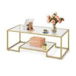 2-Tier Rectangle Tempered Glass Coffee Table with Steel Frame-Golden - ER53