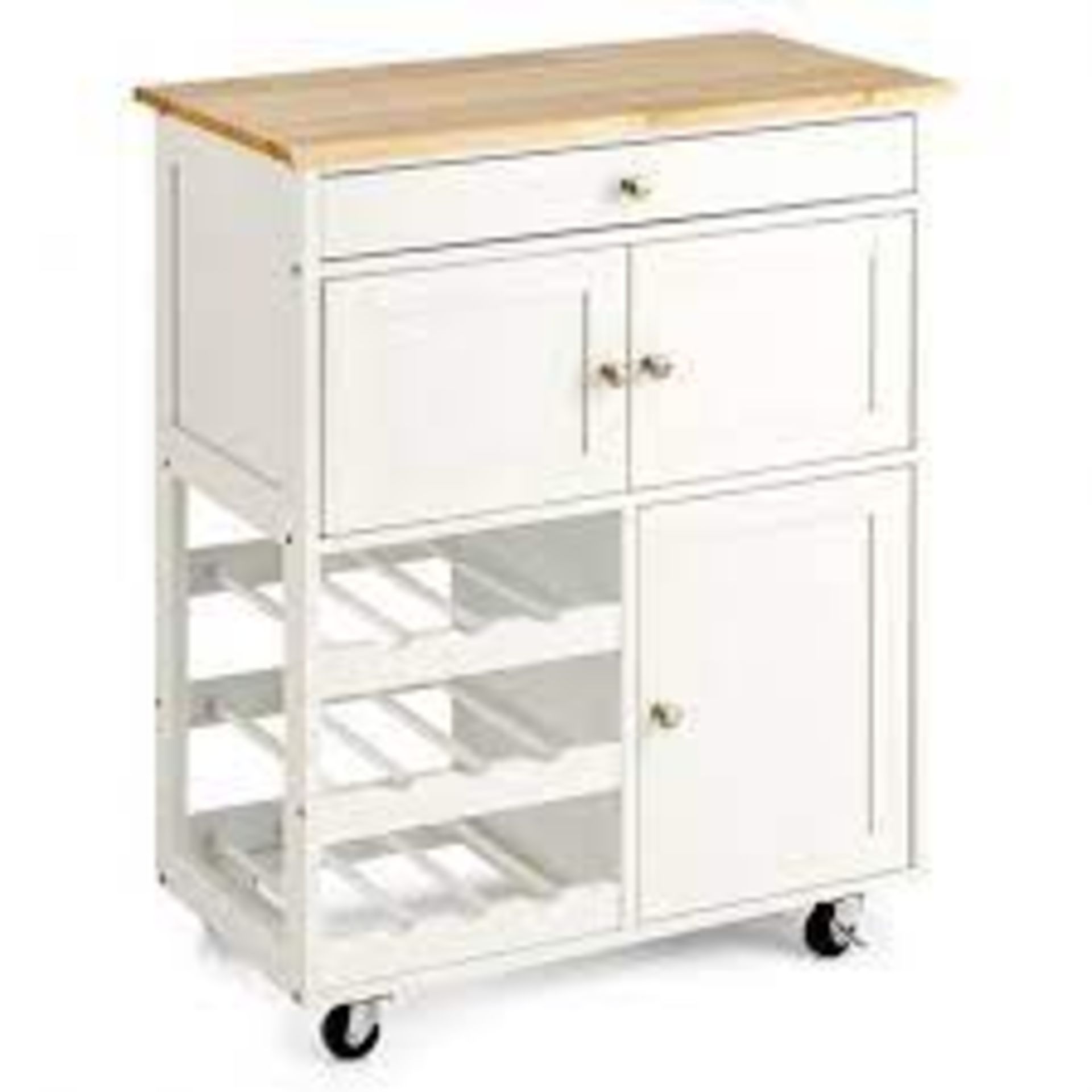 Kitchen Cart With Rubber Wood Top 3 Tier Wine Racks 2 Cabinets - ER53