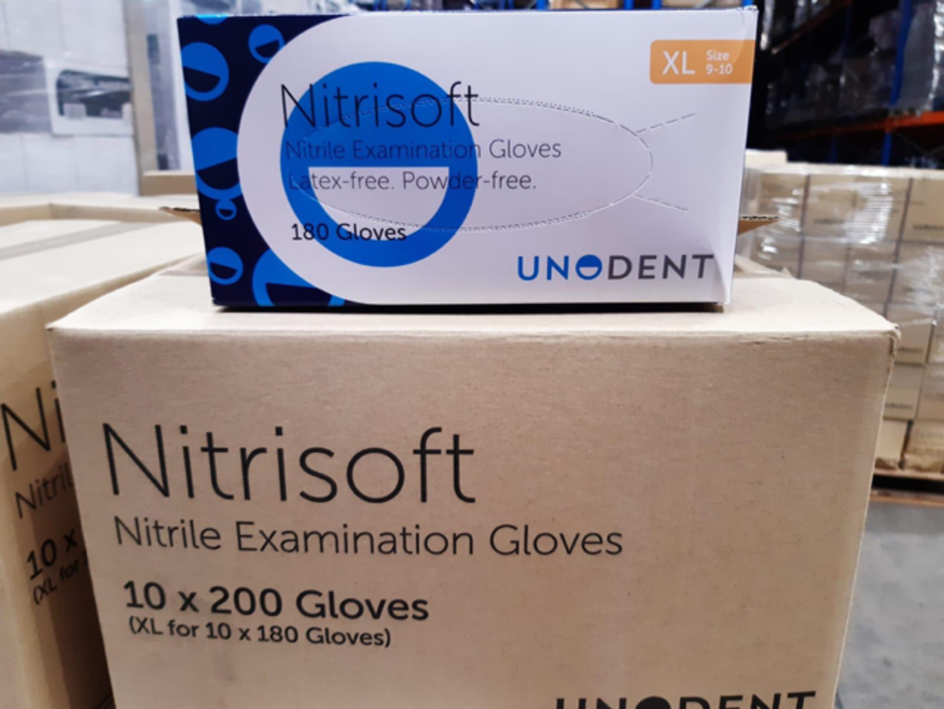 500 X BRAND NEW PACKS OF 180 UNODENT BLUE NITRILE GLOVES SIZE XL EXP MAY 2024