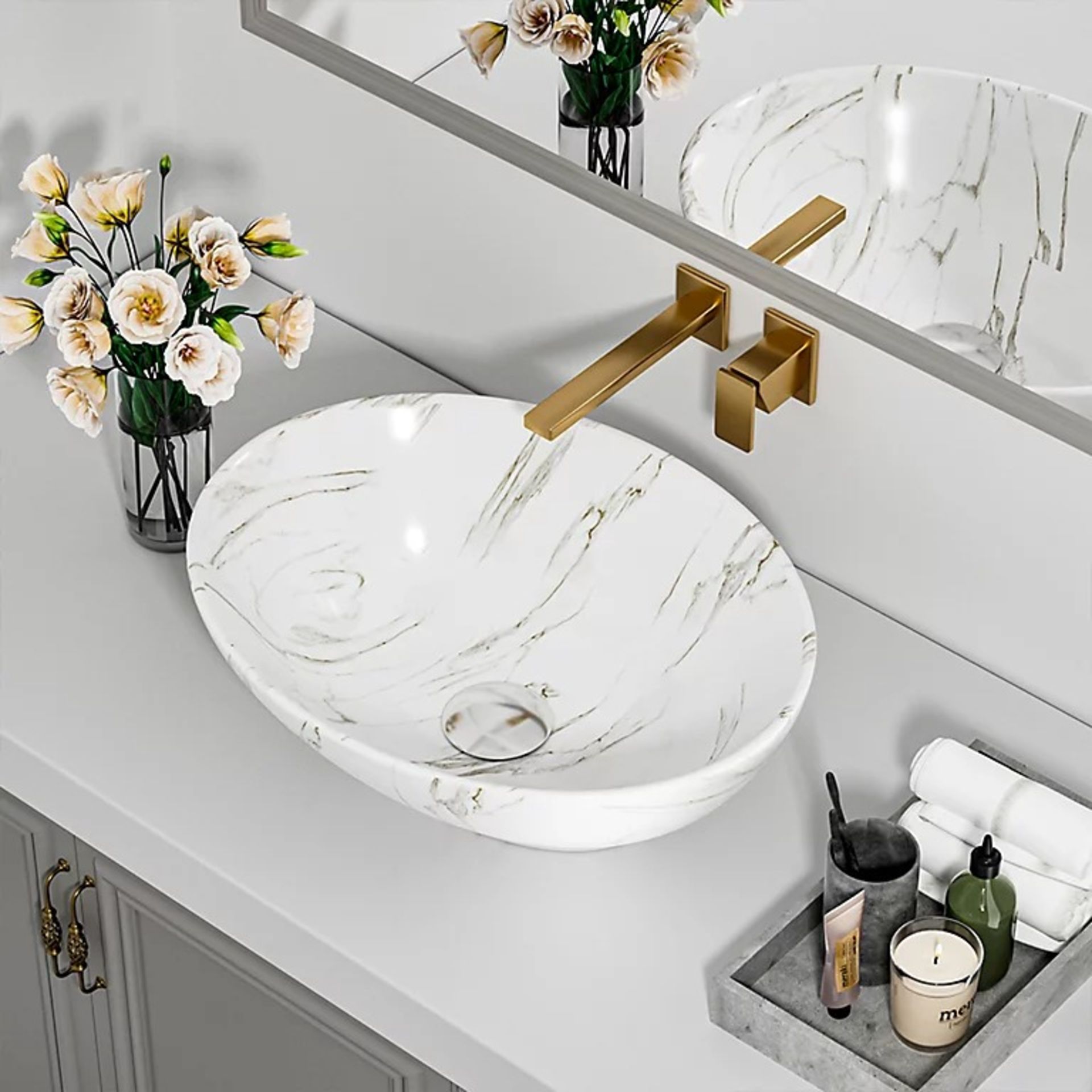 Round White Ceramic Marble Effect Grey Texture Bathroom Countertop Basin Sink - ER47