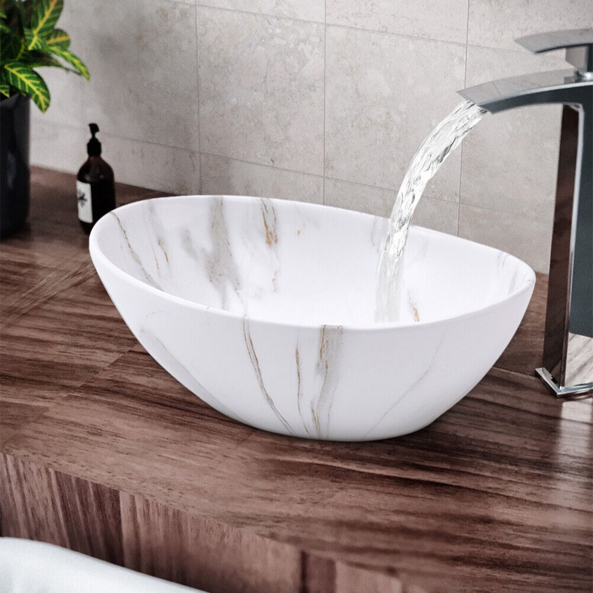 Oval Marble Effect Ceramic Sink Basin Bathroom Vanity Countertop Wash Sink Bowl - ER48