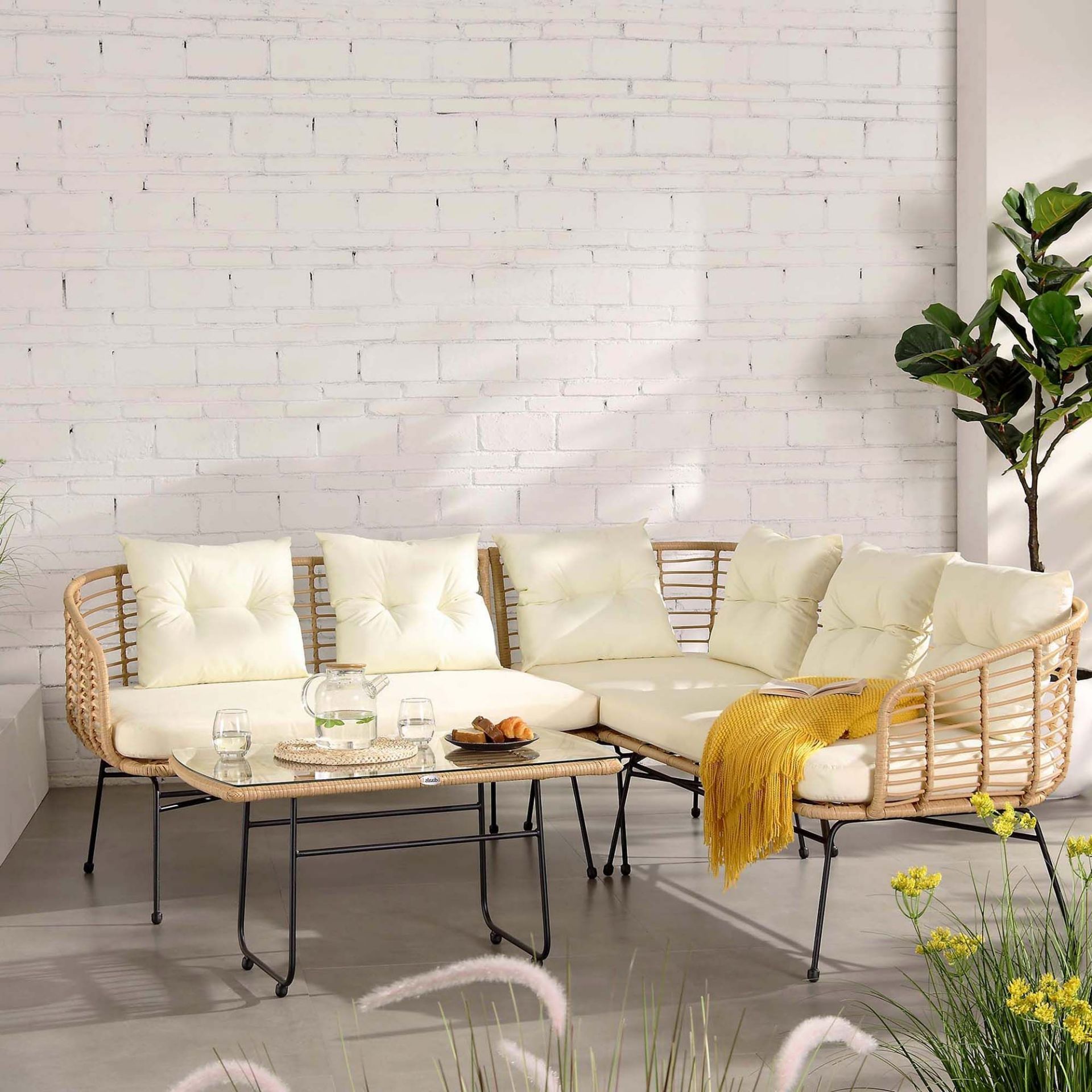 St Loy Natural Rattan Corner Sofa Set with Table. - R14. RRP £849.99. Comprising of two 2-seater
