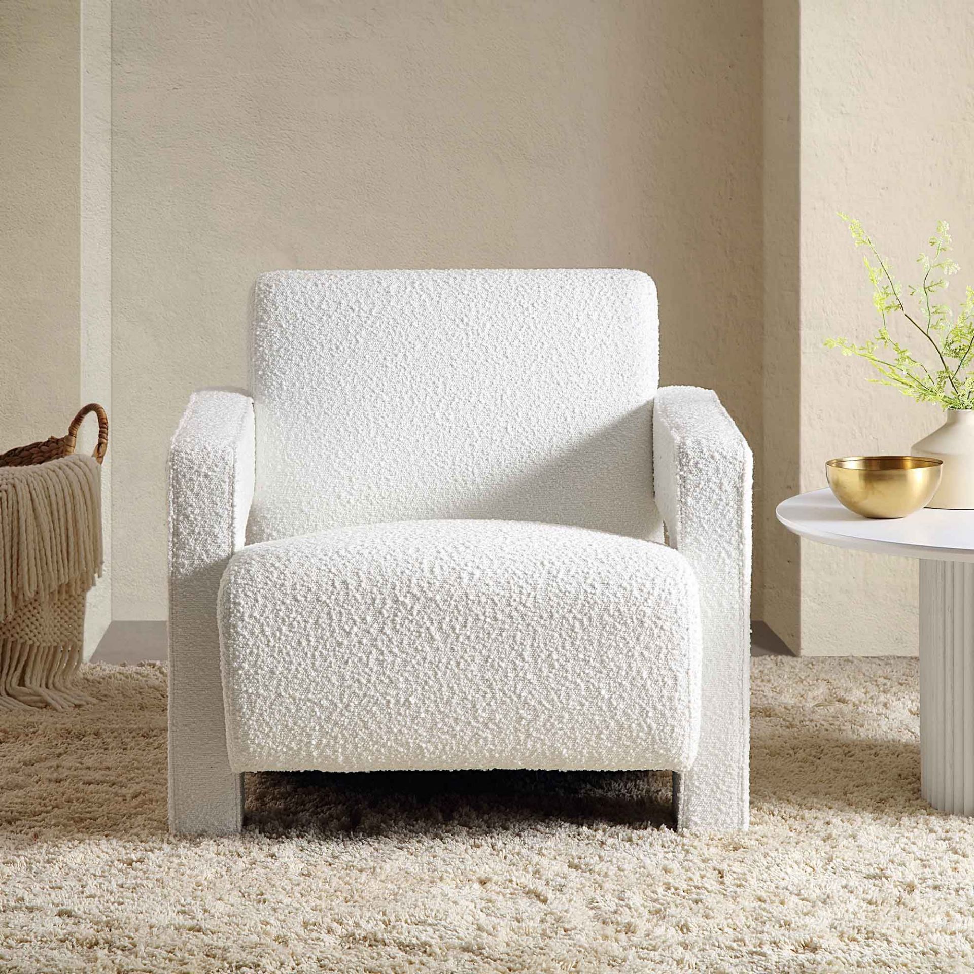 Brompton Sculptural Armchair, White Boucle. - R19.6. RRP £349.99. The chair is upholstered with