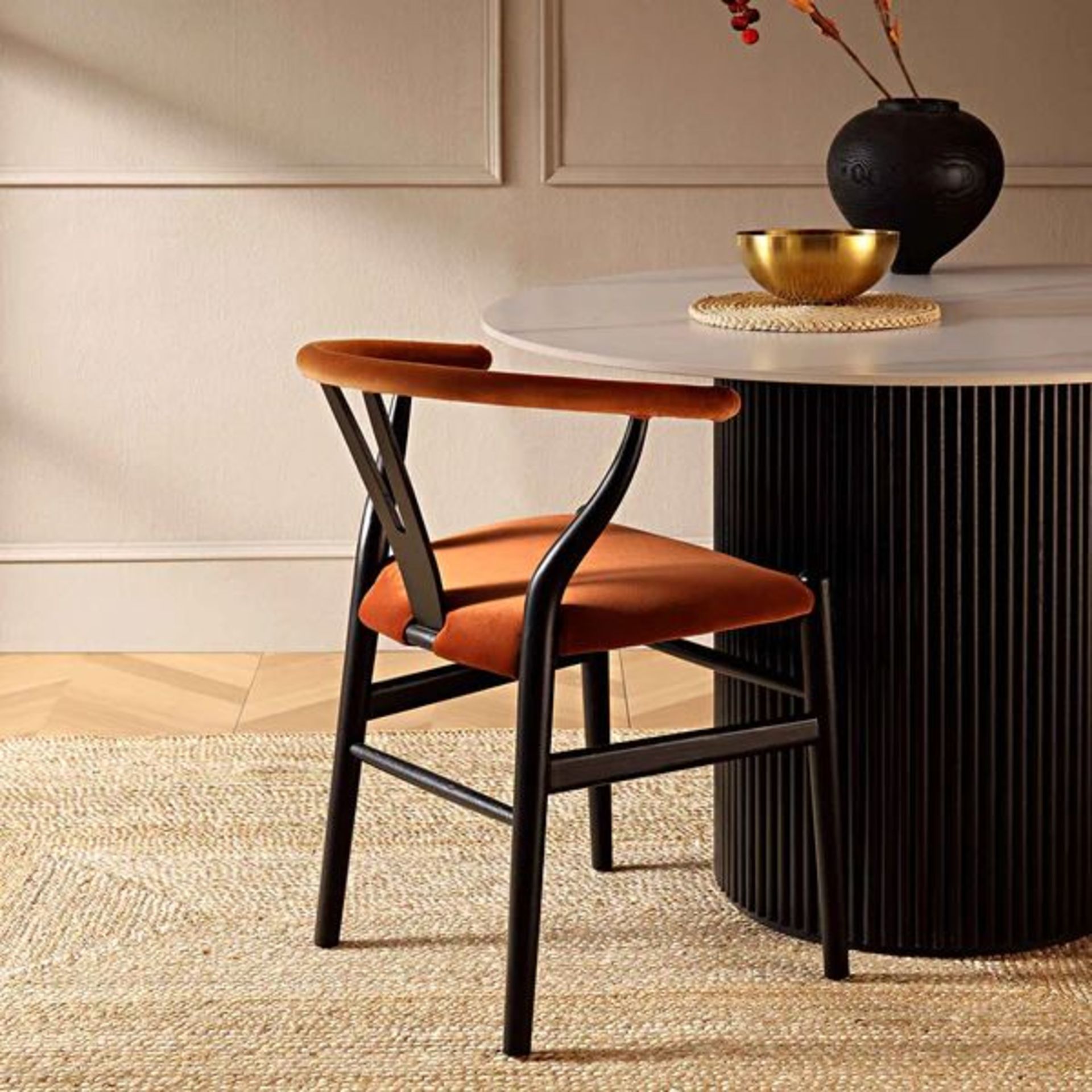 Hansel Wishbone Padded Dining Chair, Rust Velvet and Black Frame. - R19.5. RRP £239.99. Inspired - Image 2 of 2