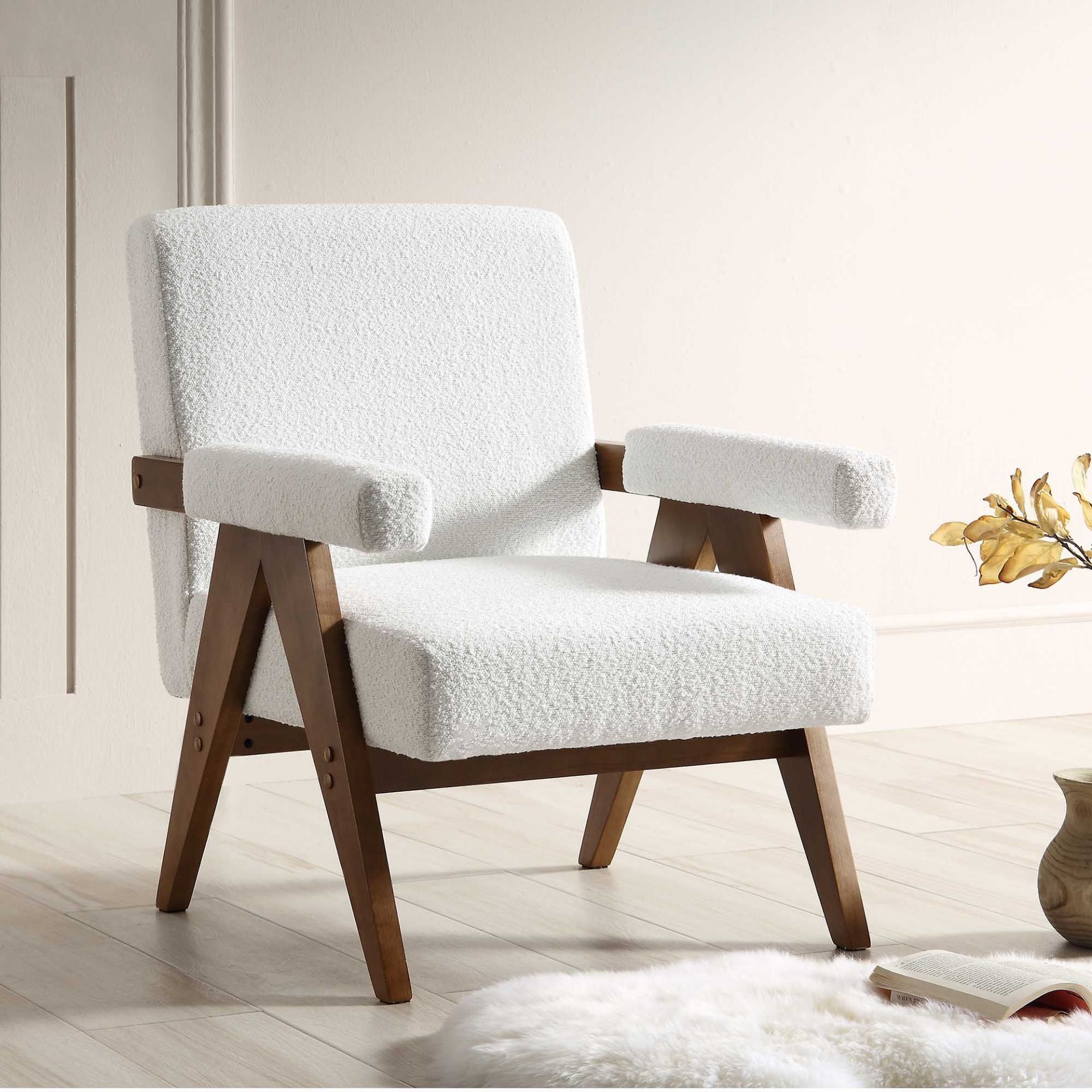 Chinnor White Boucle Accent Chair. - R19.4. RRP £299.99. Well-cushioned in seat, back and arm and