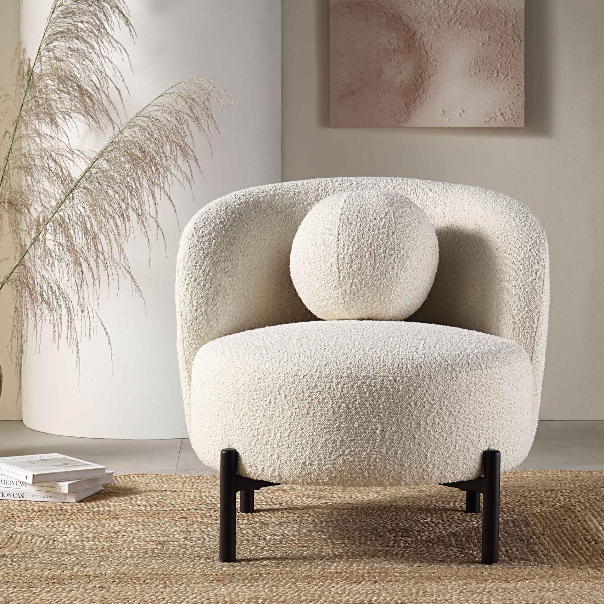 Amboise Armchair with Ball Cushion, Ecru Boucle. - R19.6. RRP £329.99. The Amboise armchair embraces