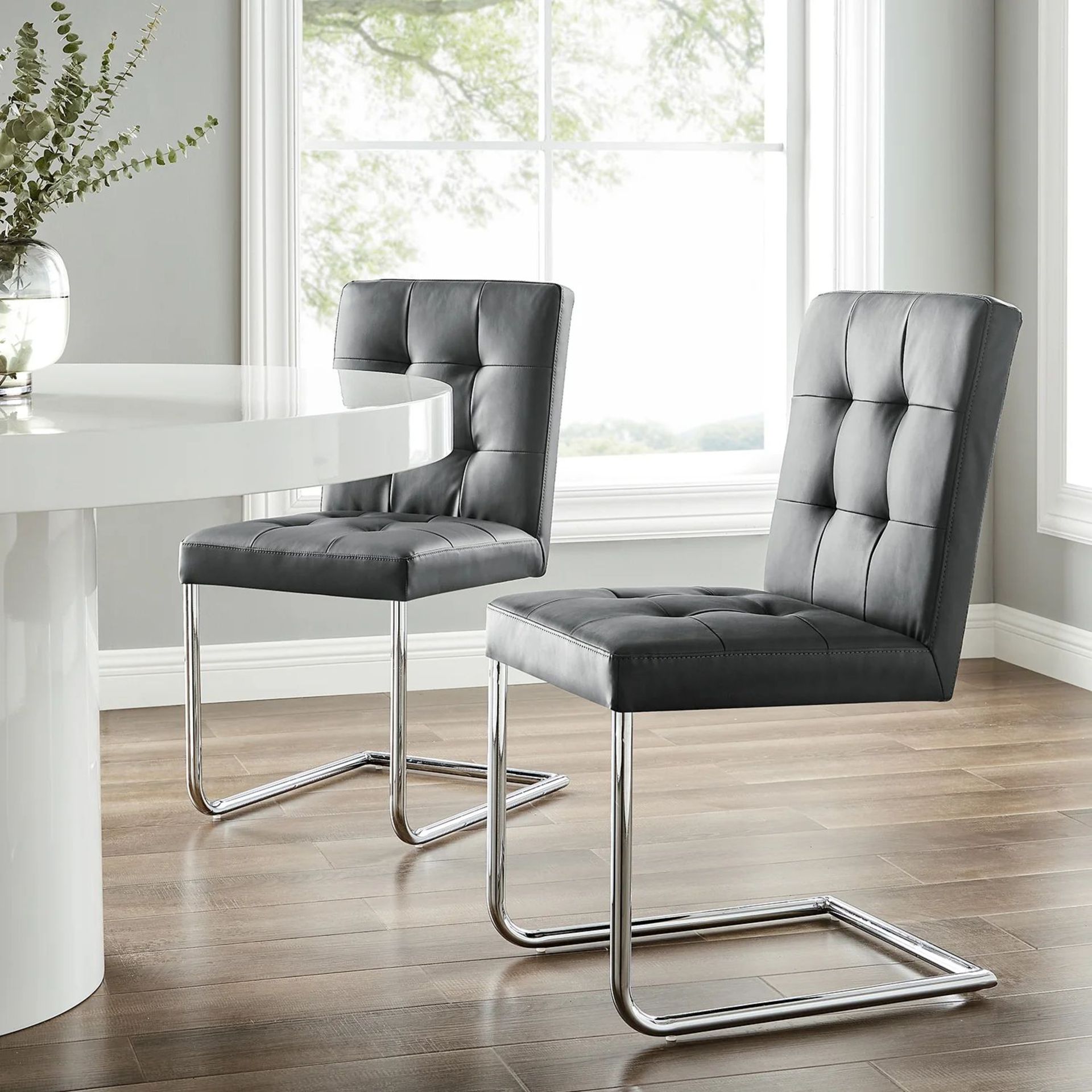 Keyston Set of 2 Dark Grey PU Leather Upholstered Dining Chairs with Chrome Legs. - R19.5. RRP £