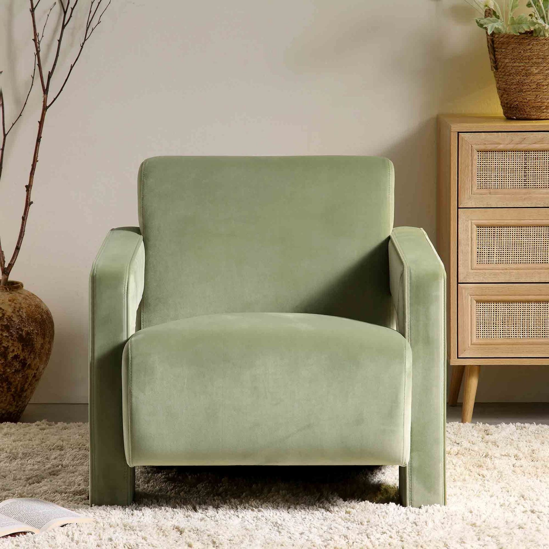 Brompton Sculptural Armchair, Lichen Velvet. - R19.5. RRP £349.99. The deep, slightly sloped seat