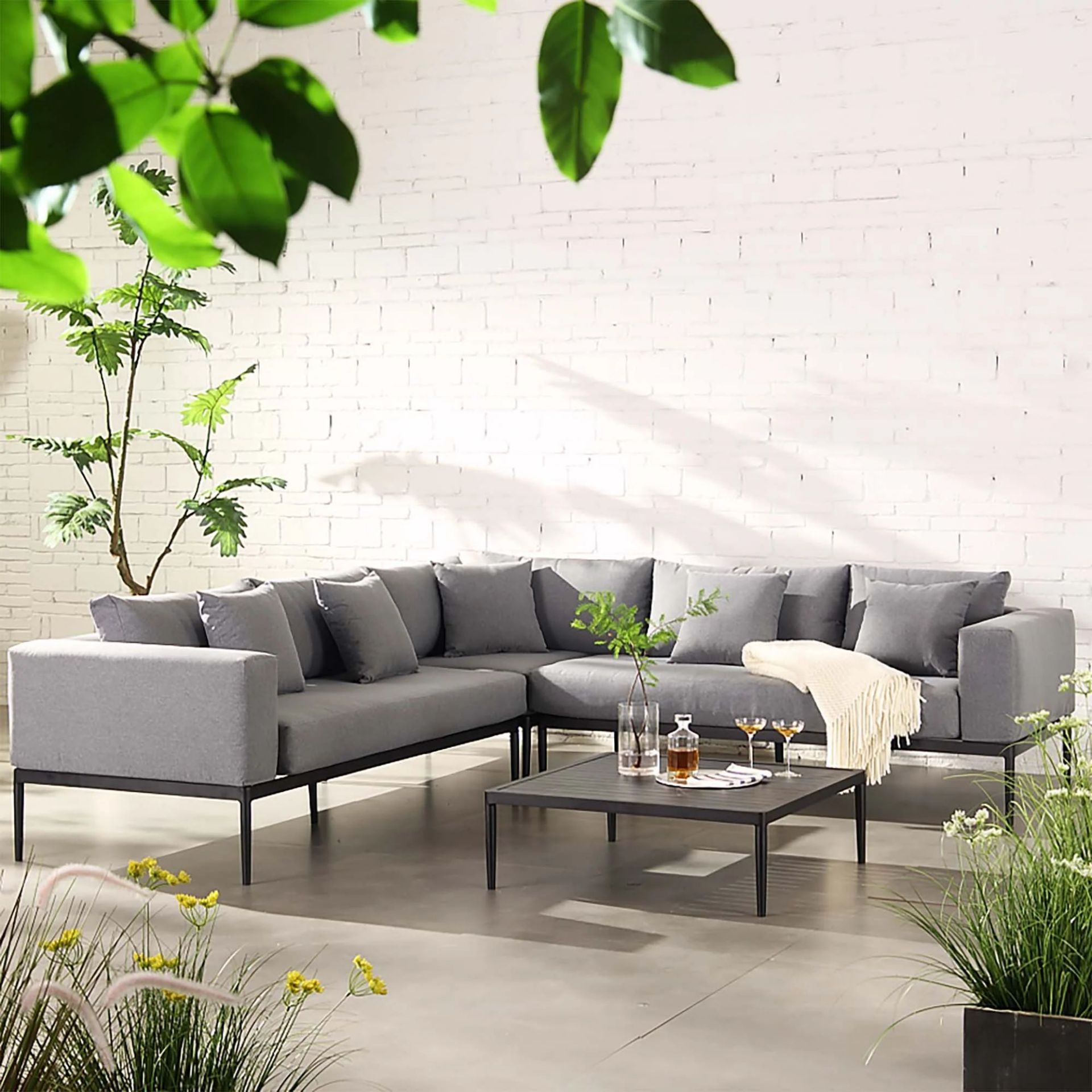 Calabasas Large Outdoor Fabric Aluminium Frame Corner Sofa Set with Coffee Table, Dark Grey. -