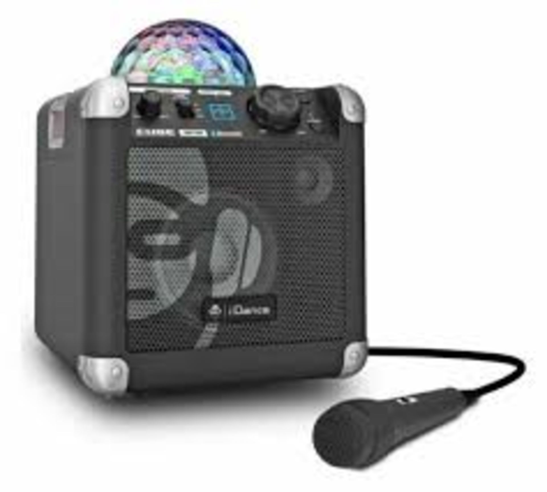 iDance sing cube with light show, 50 Watt all-in-one PA system Party light disco ball with dual play
