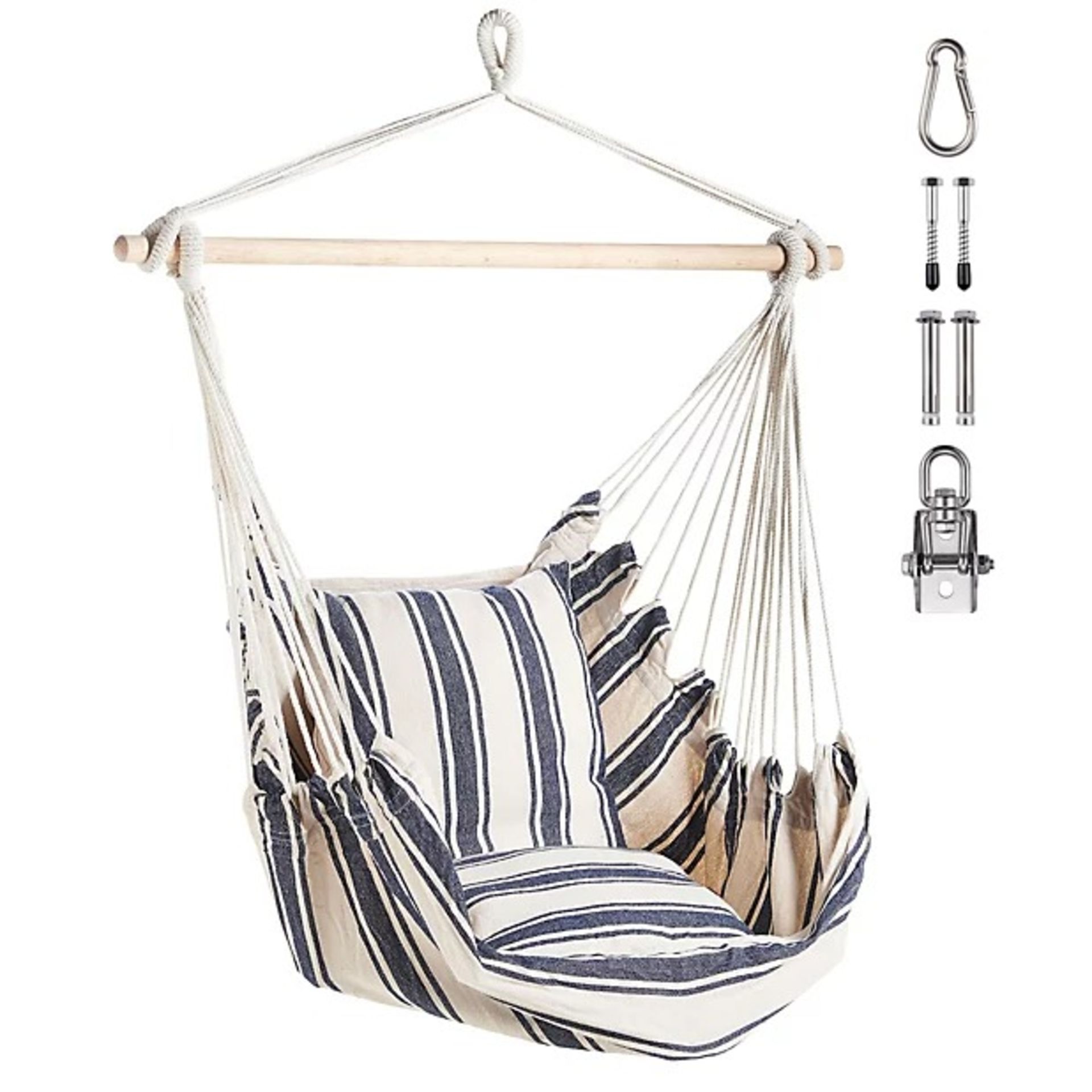 Bundle of 2x Hanging Chair, Blue and White Striped Garden Hammock Chair Swing Seat - ER36