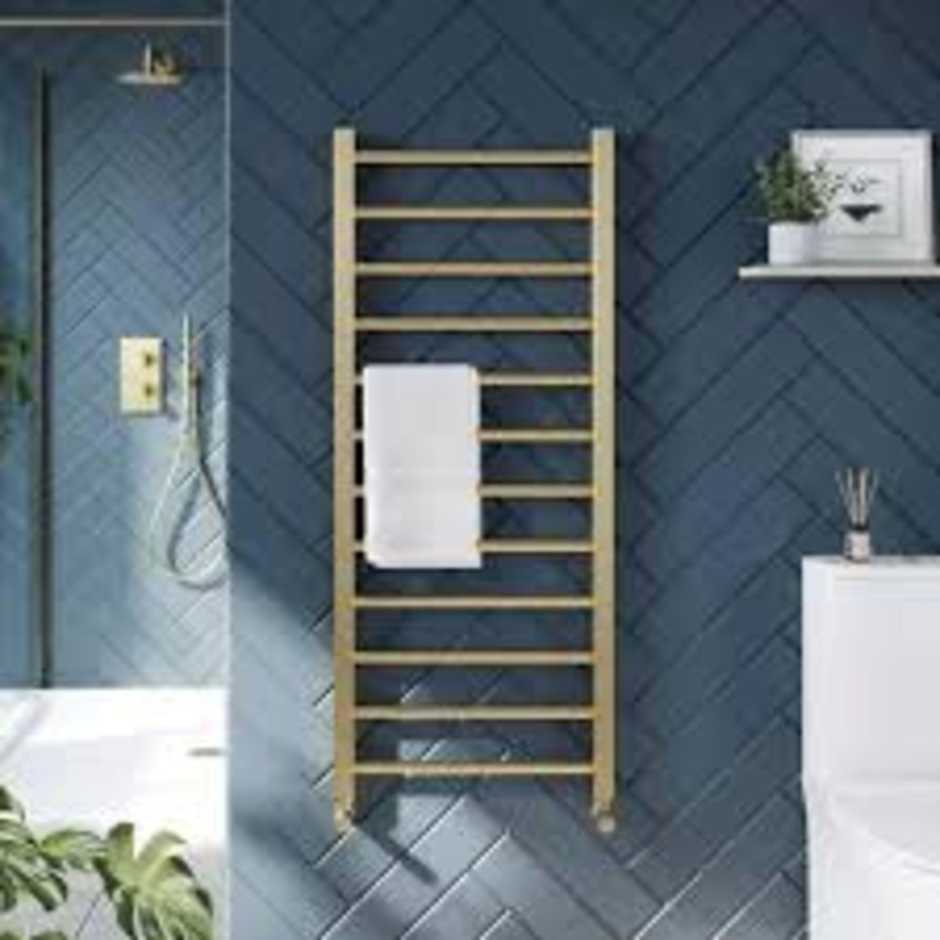 Vibe Brushed Brass Gold 1200 x 500 Designer Towel Radiator. - ER48