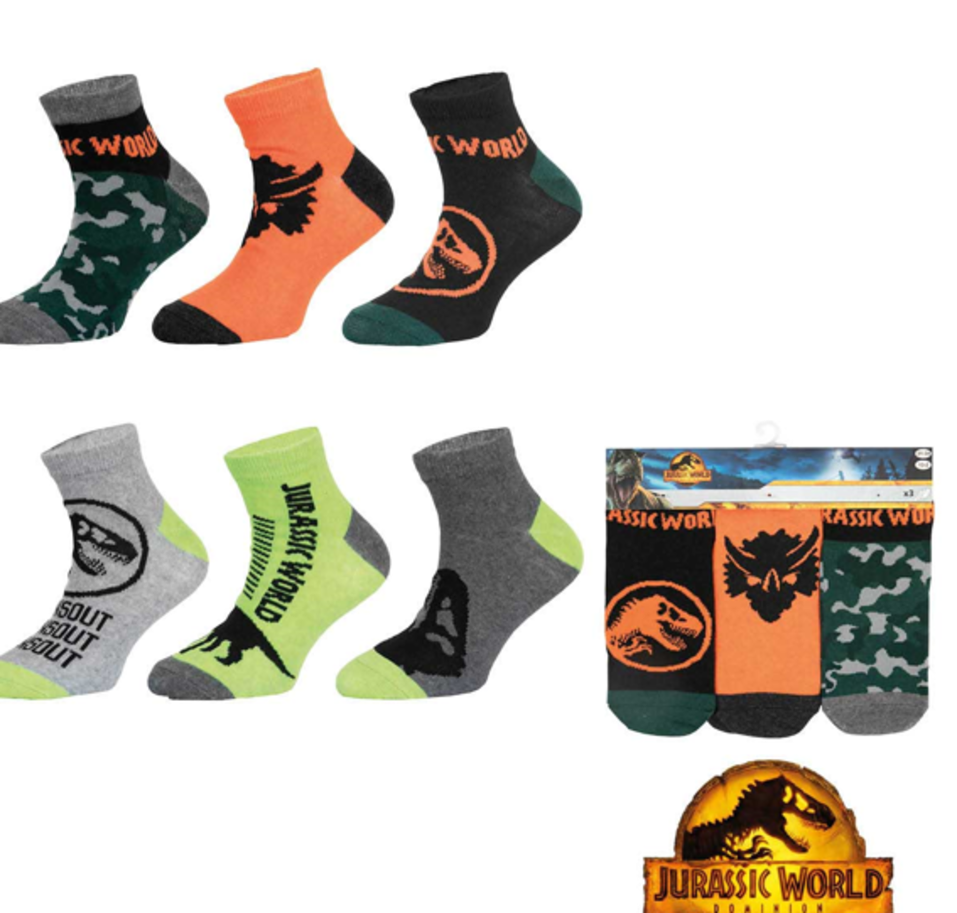 TRADE LOT 240 x New & Packaged Official Licenced Jurassic World Dominion Pack of 3 Mixed Socks. In 2 - Bild 2 aus 2