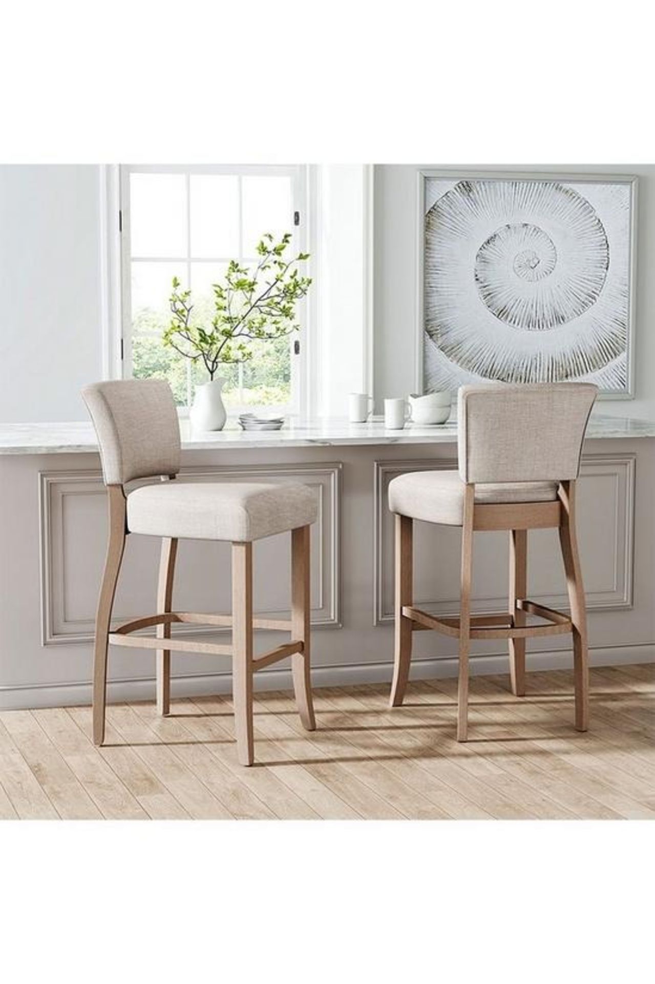 Set of 2 Beige Linen Bar Stools Dining Chair With Back Footrest - ER45