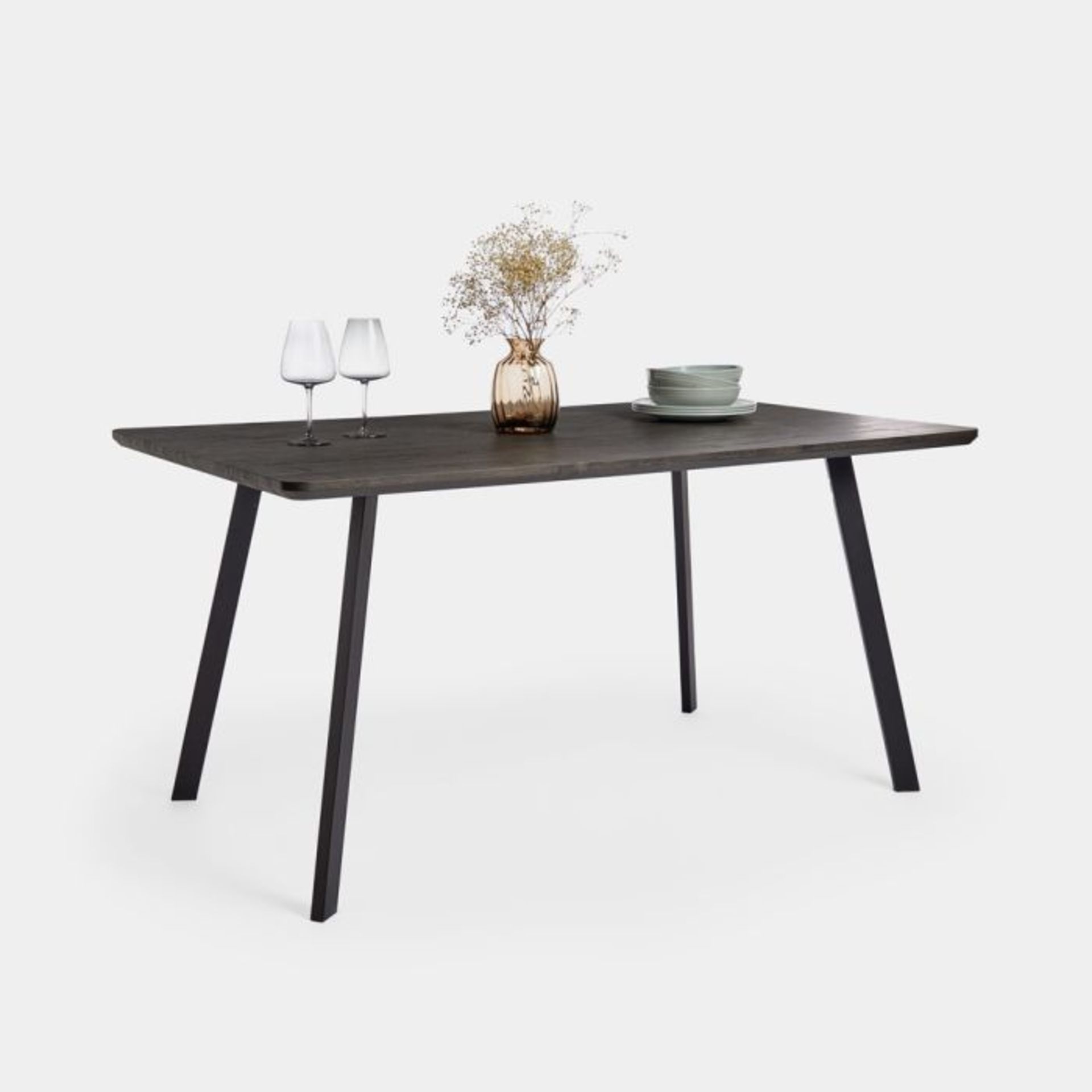 Burton 6 Seater Dining Table. - S2. The table’s dark wood coloured surface is elegantly supported by