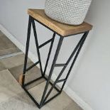 Art Deco Industrial Side Table Oak Top Small Coffee Sofa End Table Metal Legs. -R14.13.